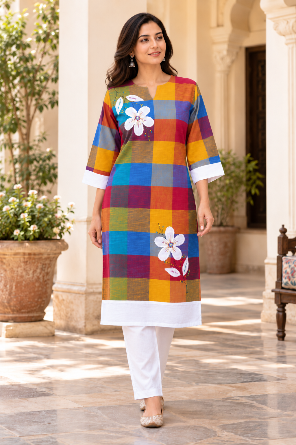 Multi Color Check Cotton Applique Embroidered Kurta