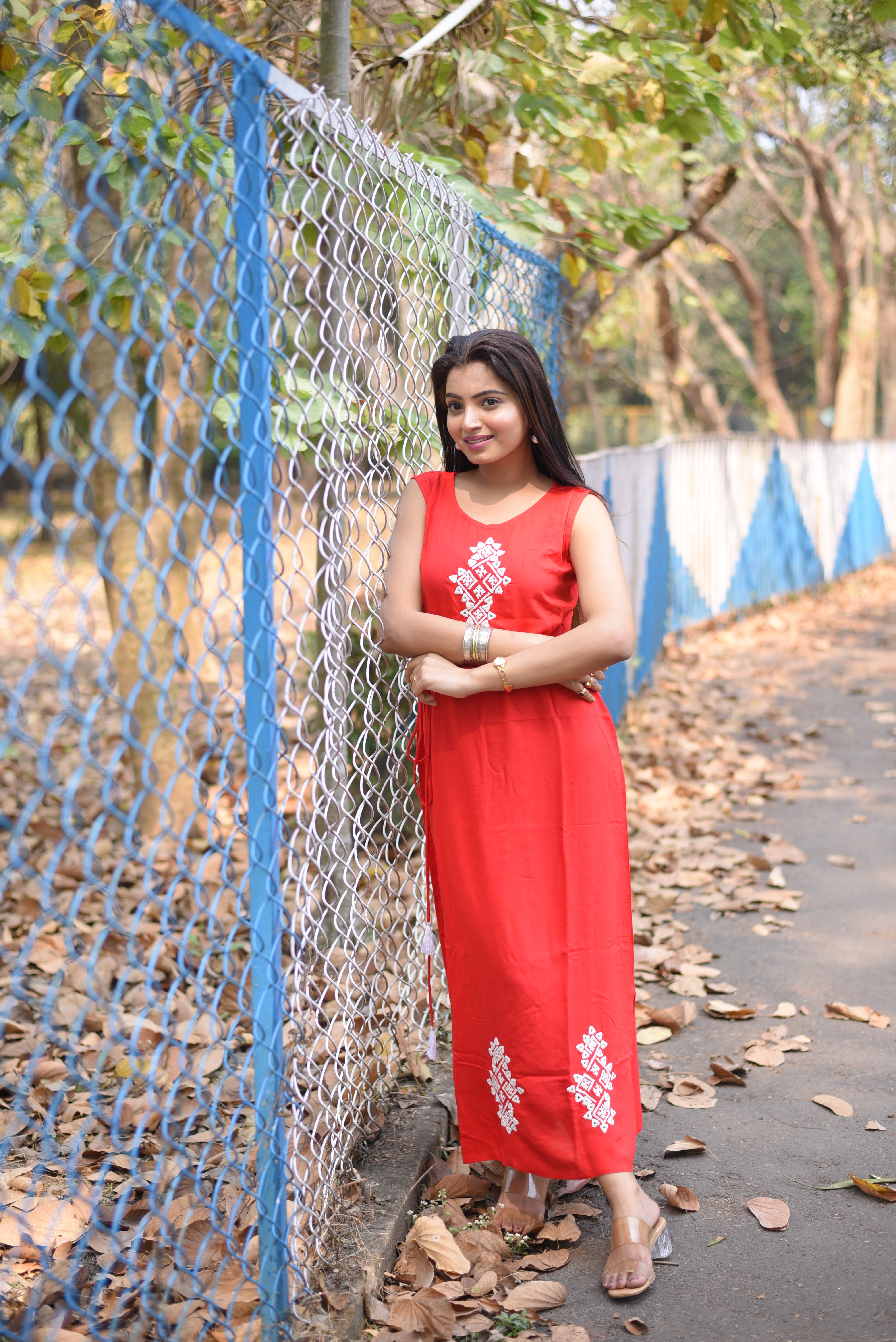 Kutch Hand Embroidery Red Rayon Long Dress