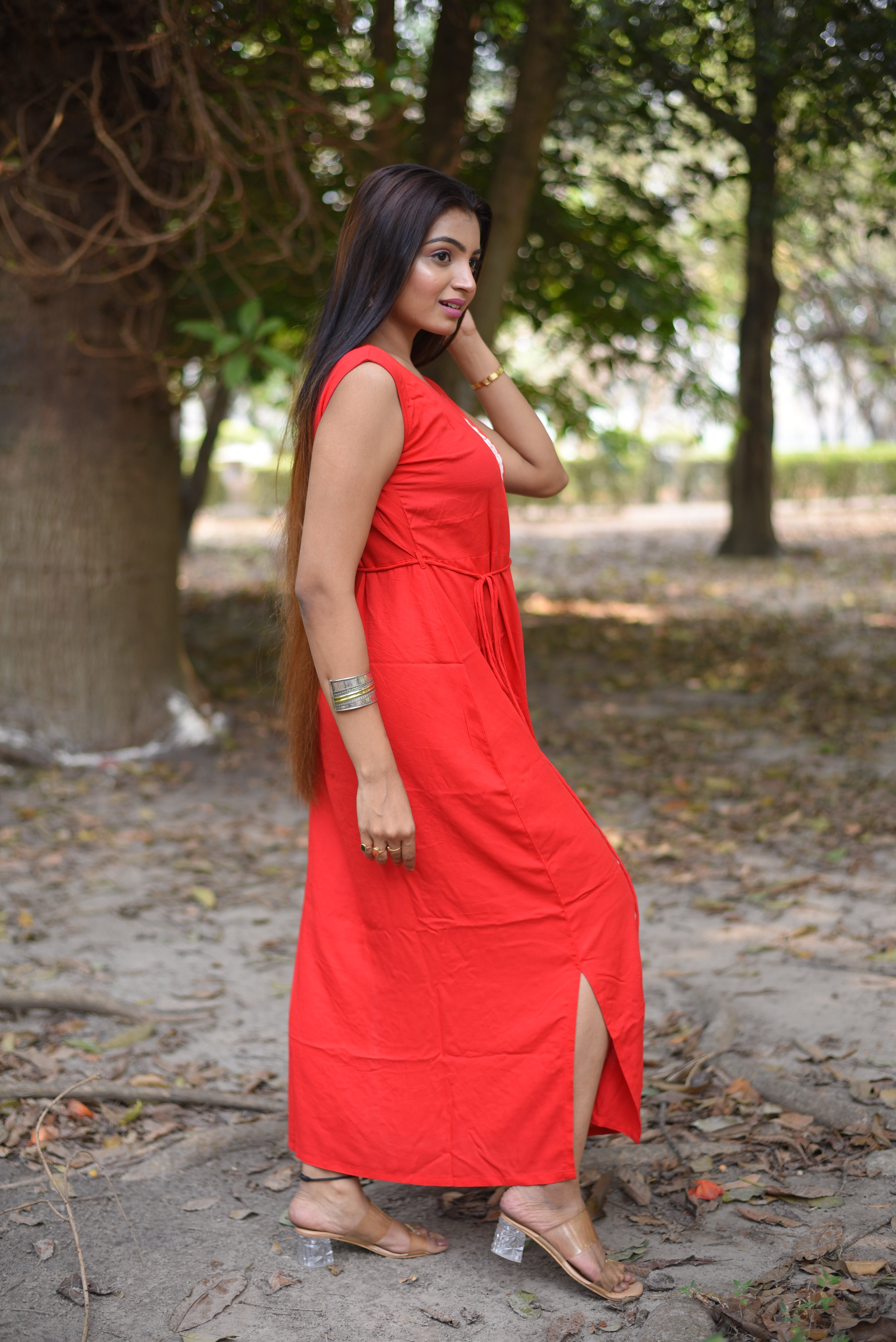 Kutch Hand Embroidery Red Rayon Long Dress