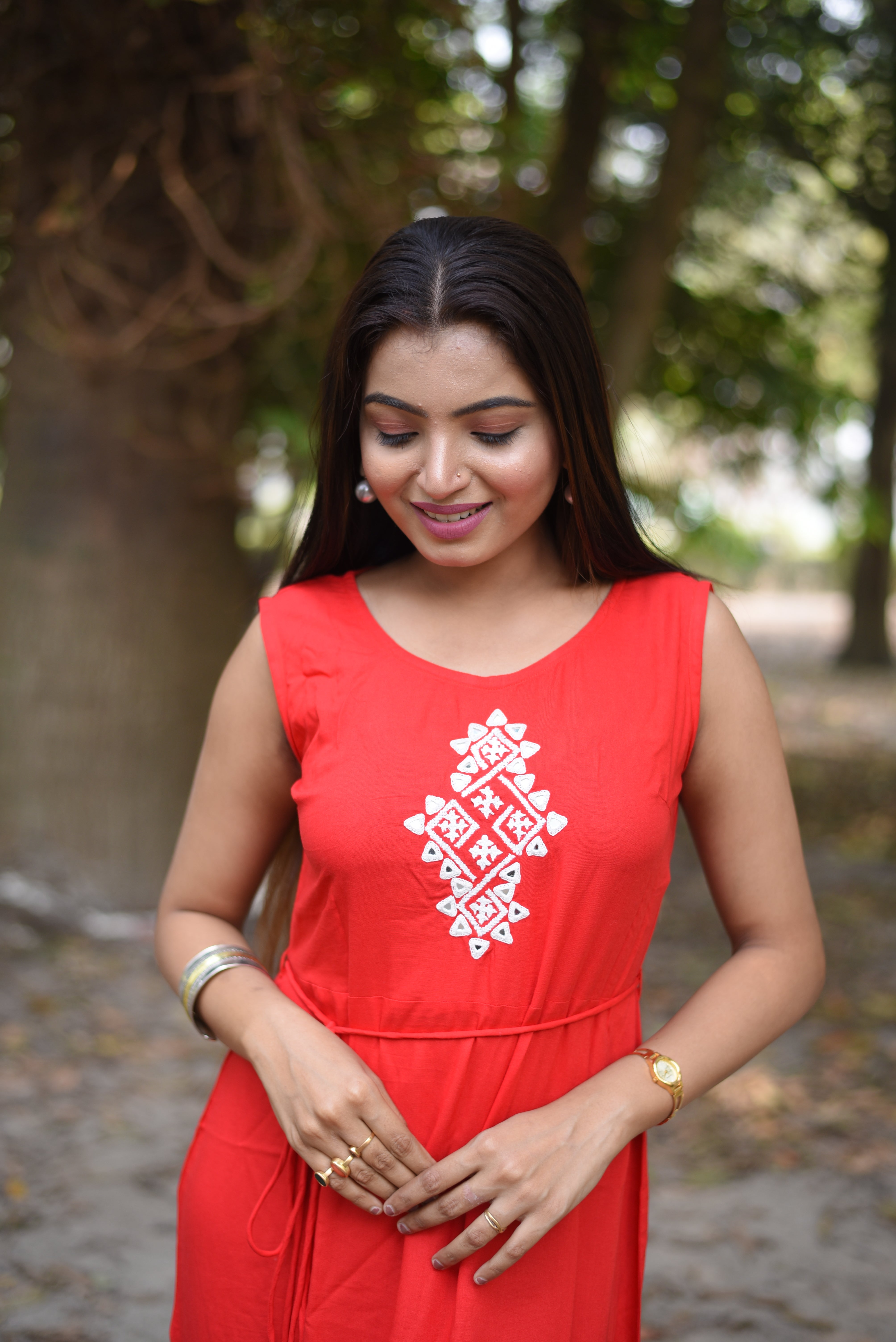 Kutch Hand Embroidery Red Rayon Long Dress