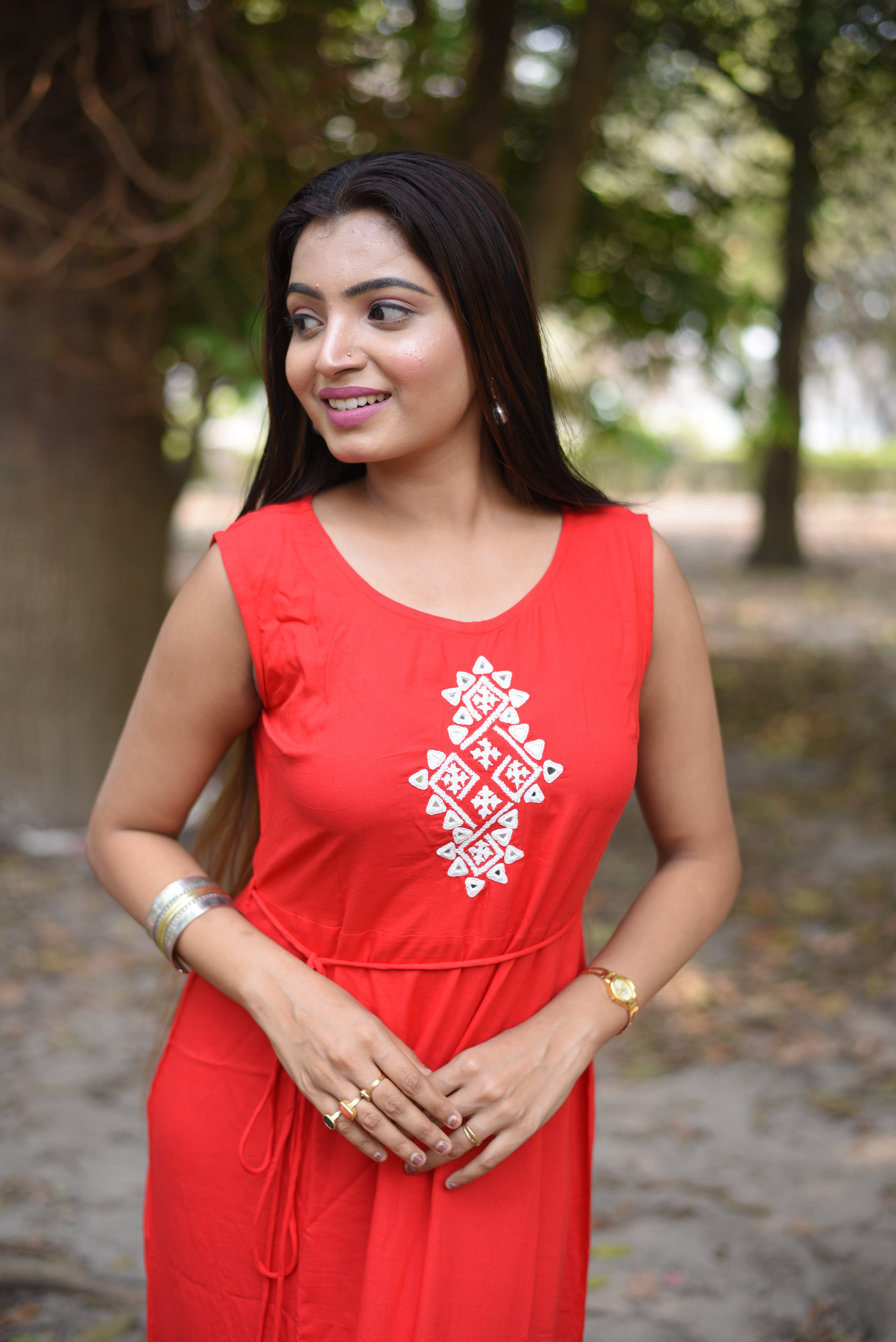 Kutch Hand Embroidery Red Rayon Long Dress