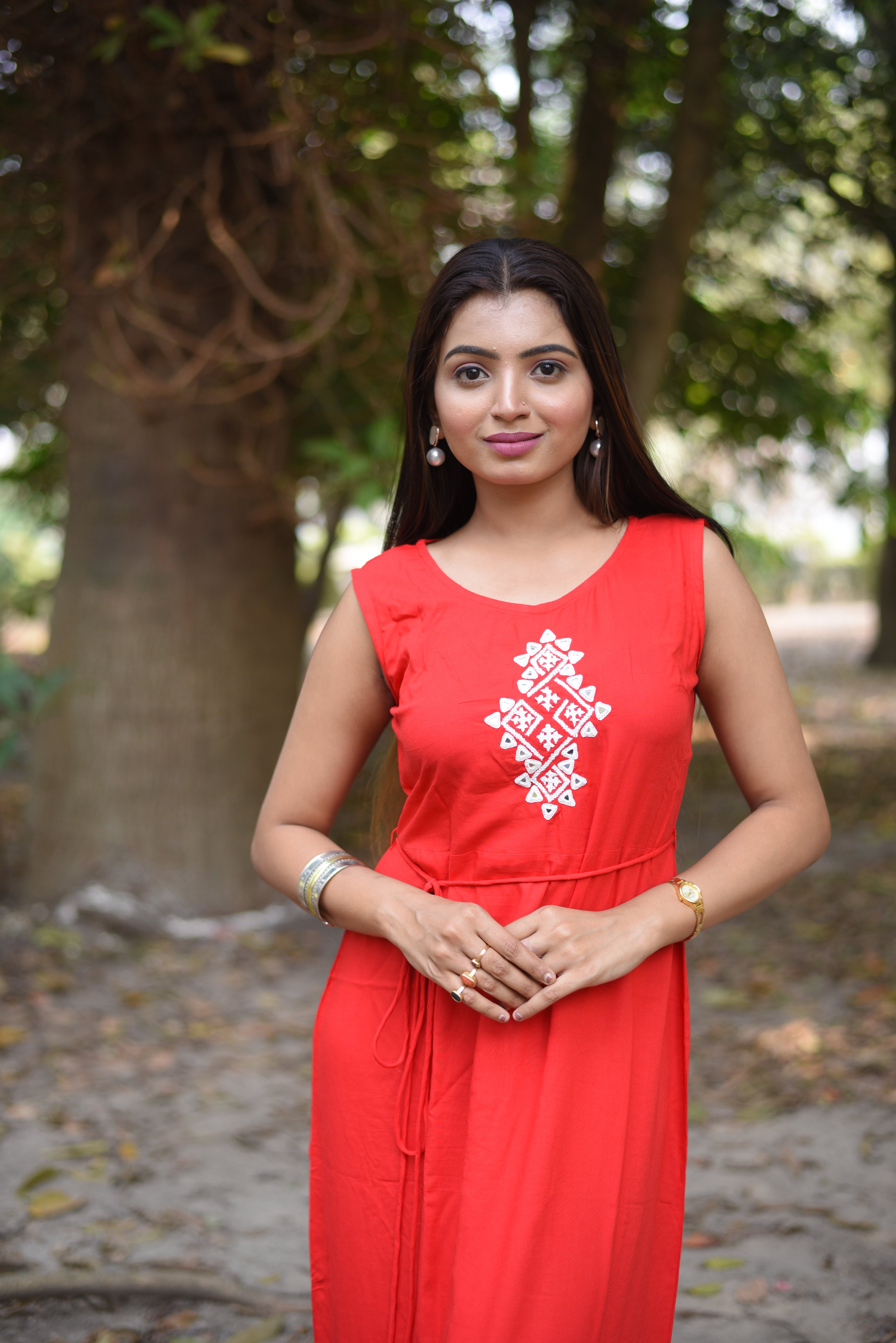 Kutch Hand Embroidery Red Rayon Long Dress