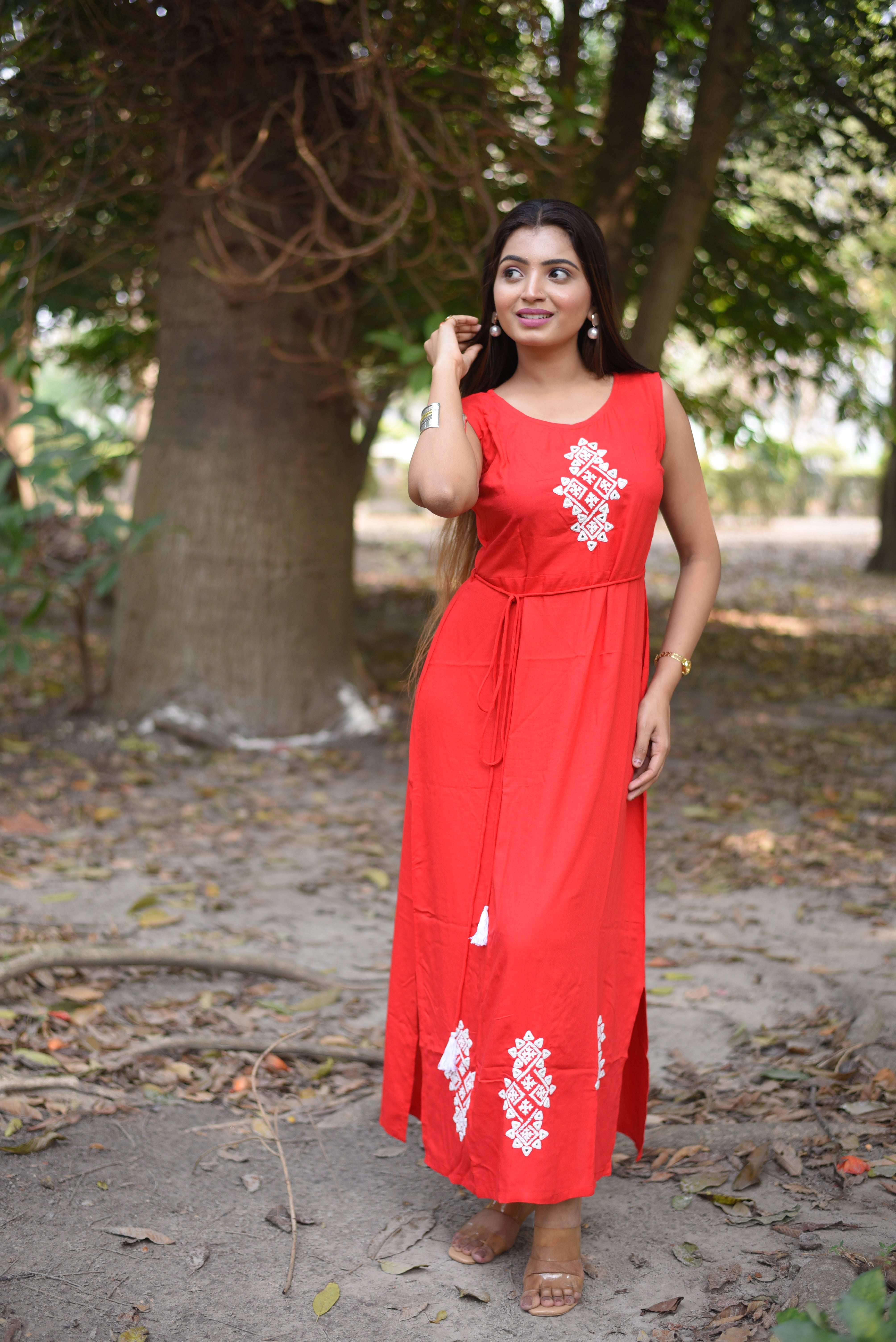 Kutch Hand Embroidery Red Rayon Long Dress