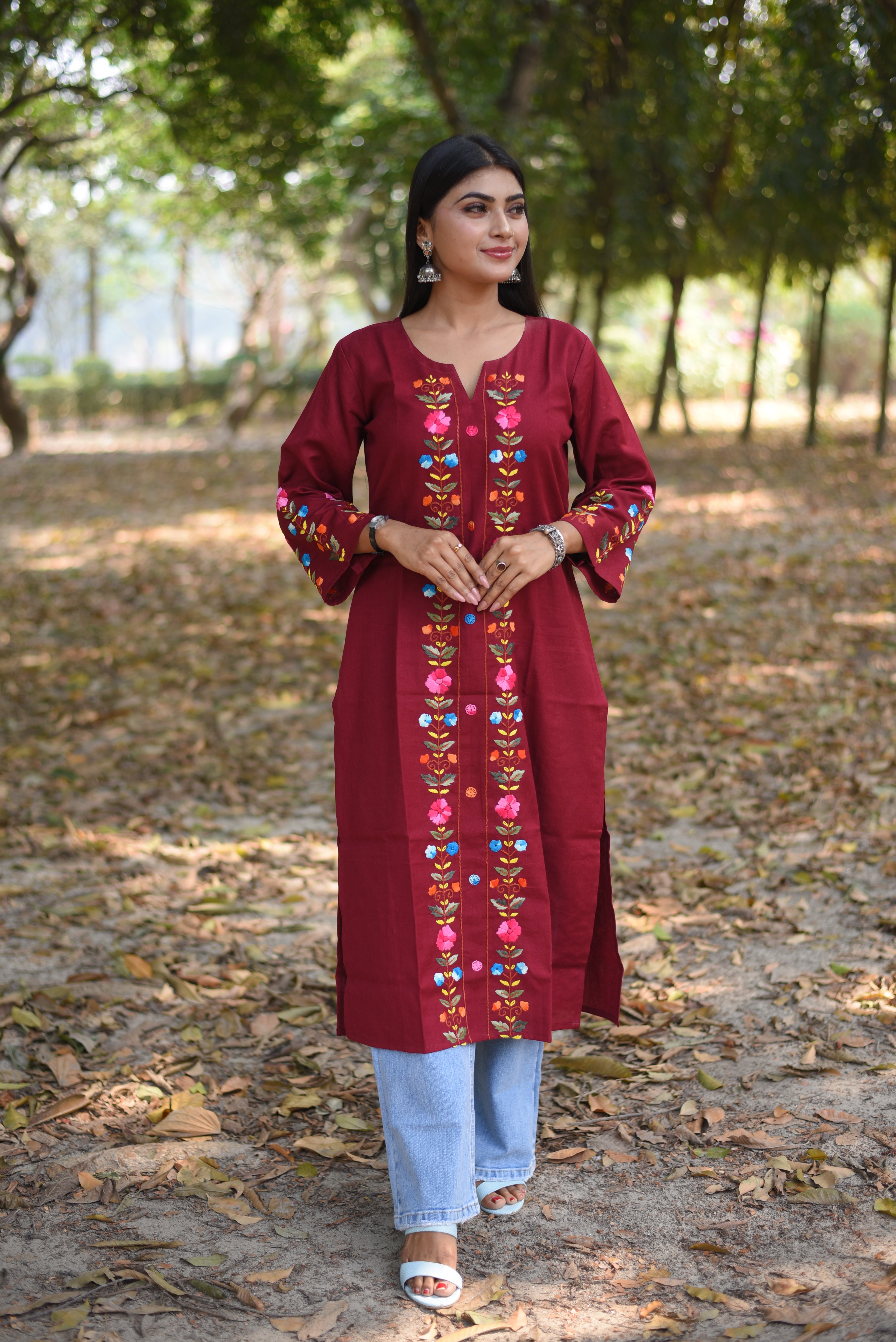 Maroon Hand Embroidered Cotton Kurta