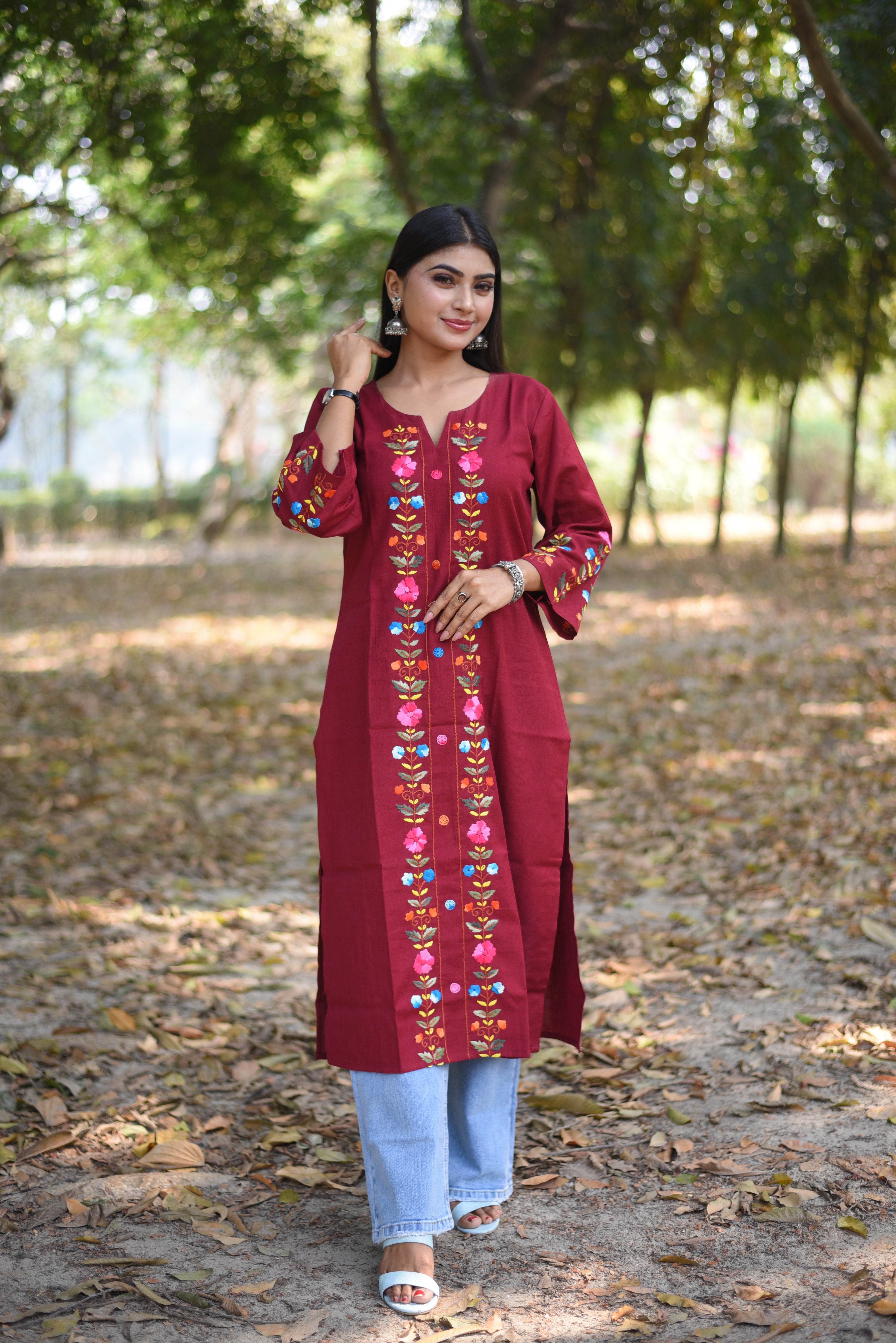 Maroon Hand Embroidered Cotton Kurta