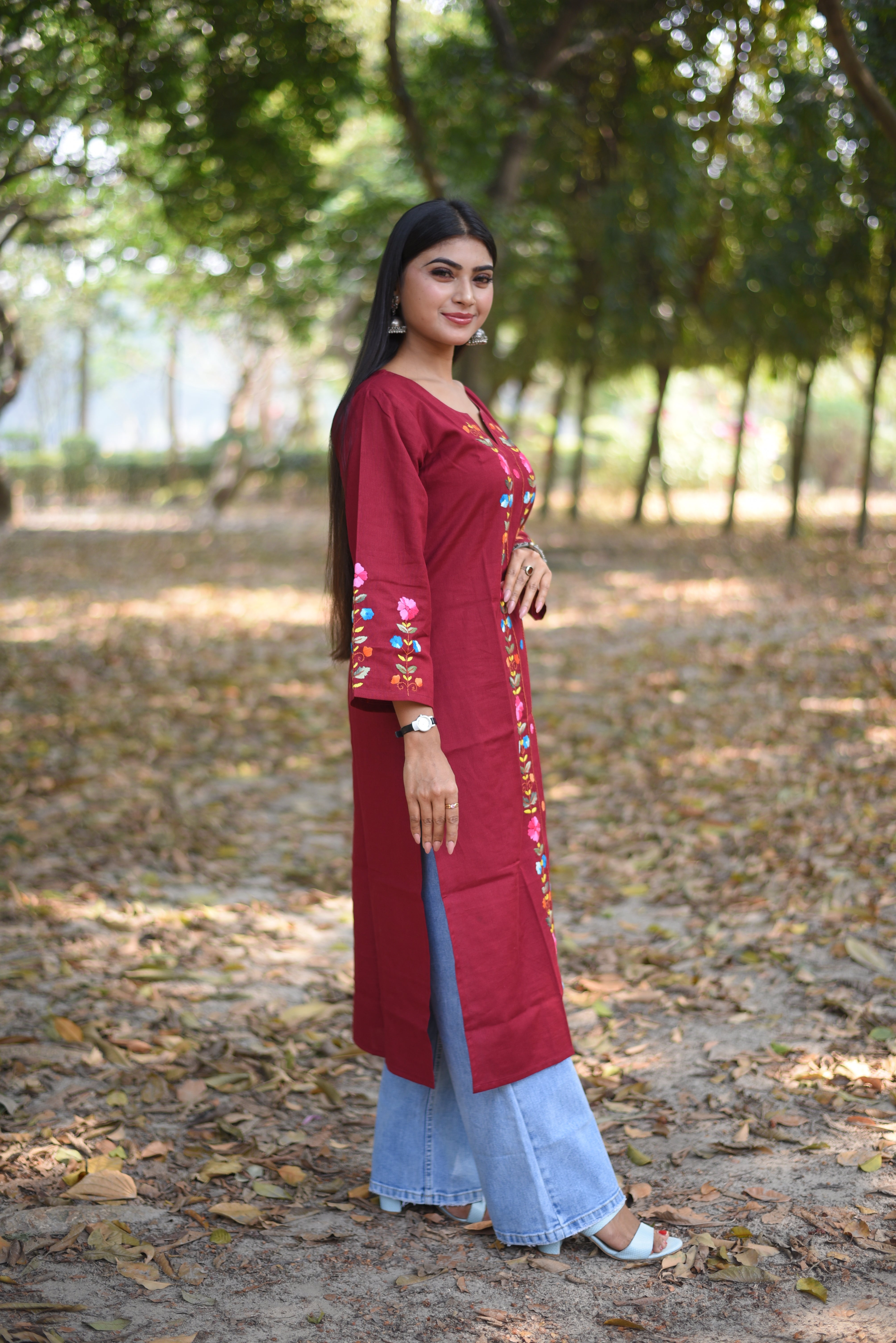 Maroon Hand Embroidered Cotton Kurta
