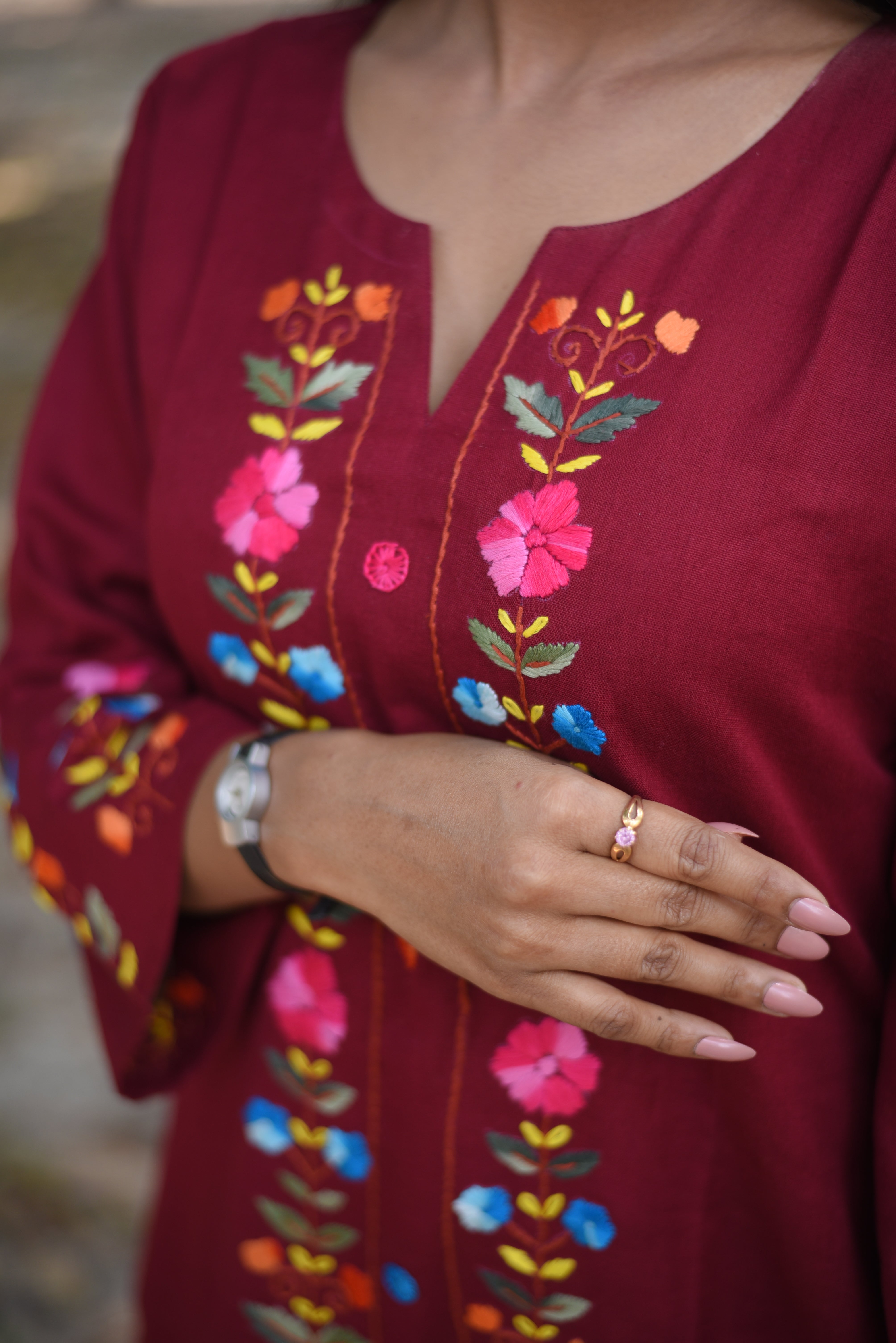Maroon Hand Embroidered Cotton Kurta