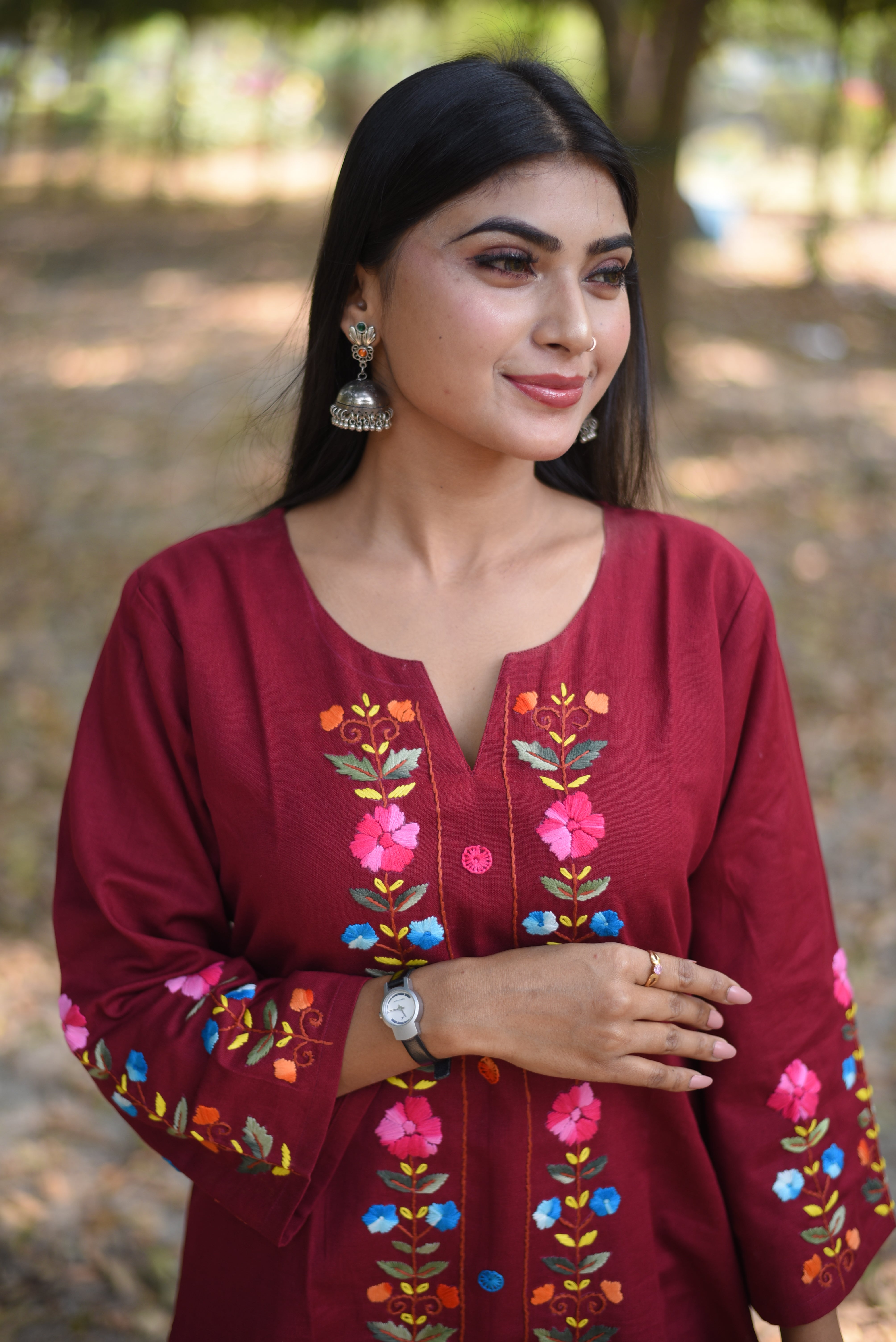 Maroon Hand Embroidered Cotton Kurta