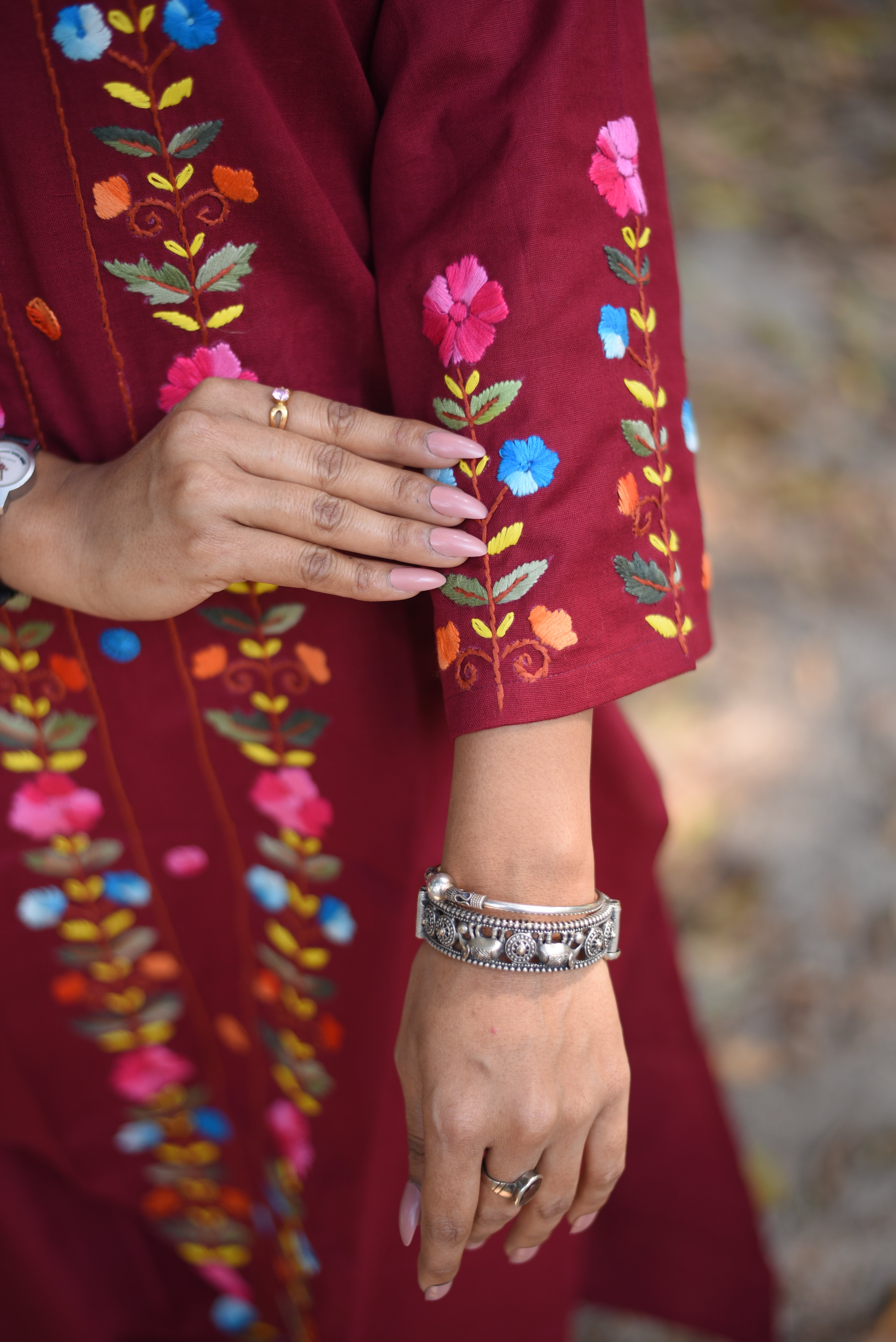 Maroon Hand Embroidered Cotton Kurta