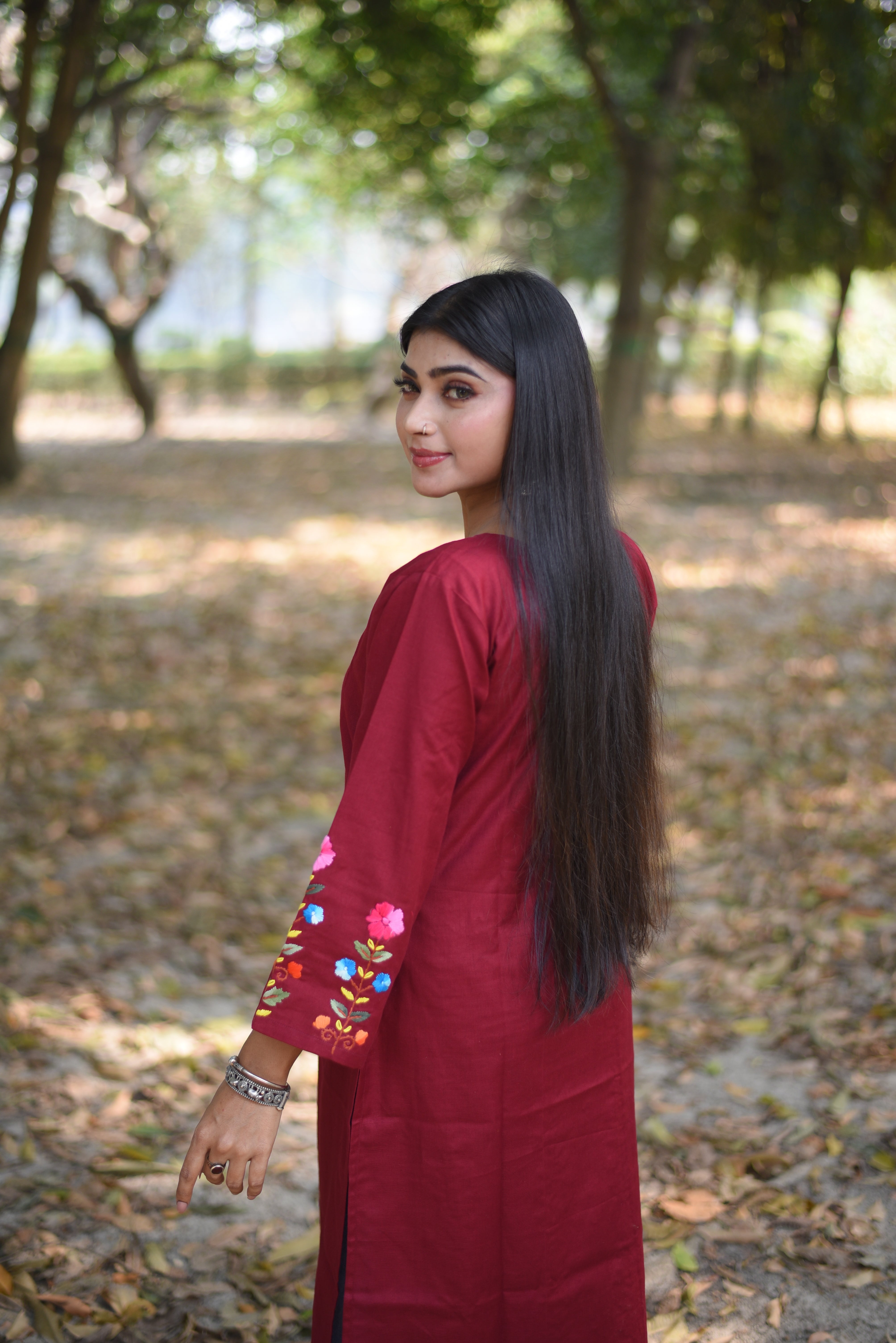 Maroon Hand Embroidered Cotton Kurta