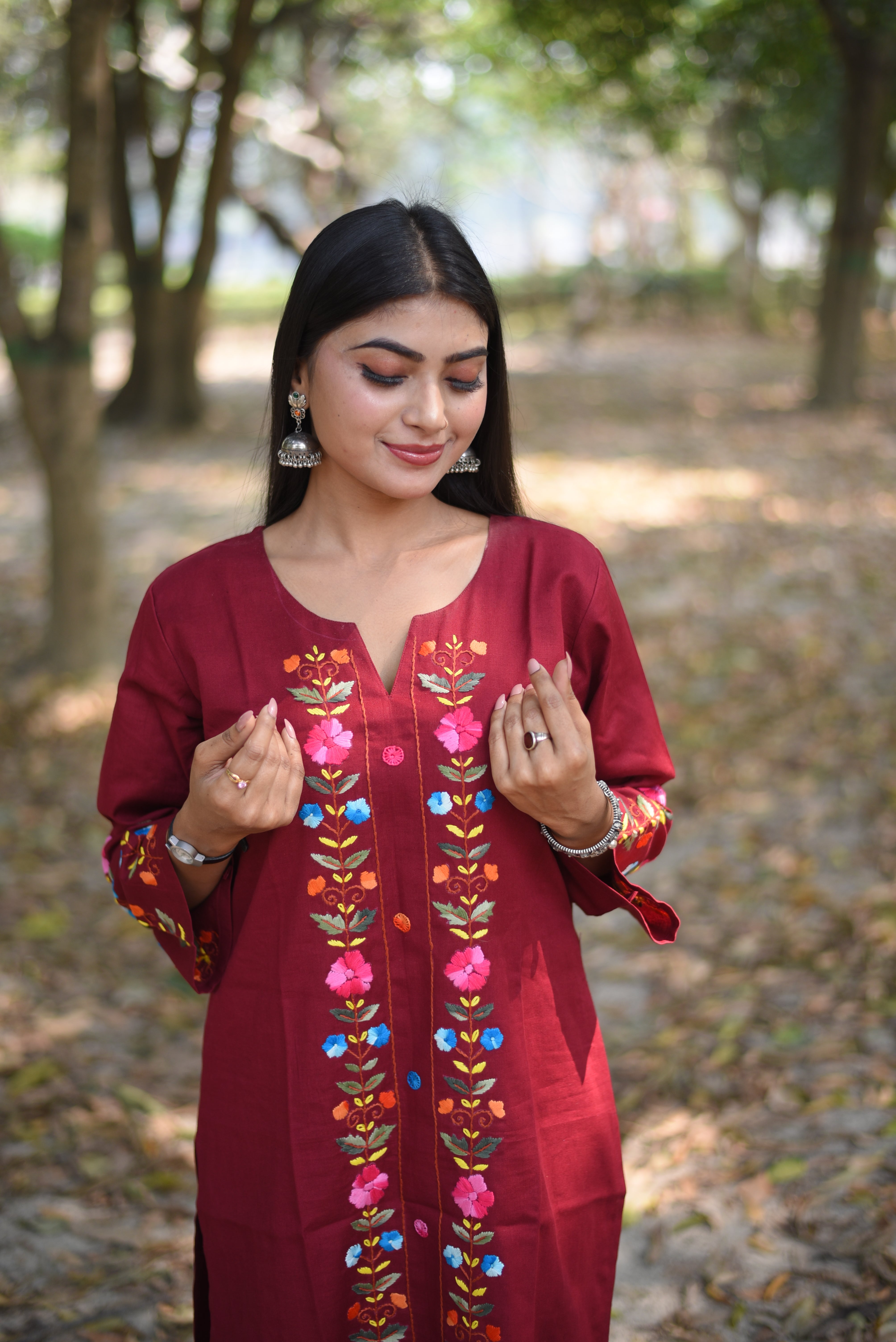 Maroon Hand Embroidered Cotton Kurta