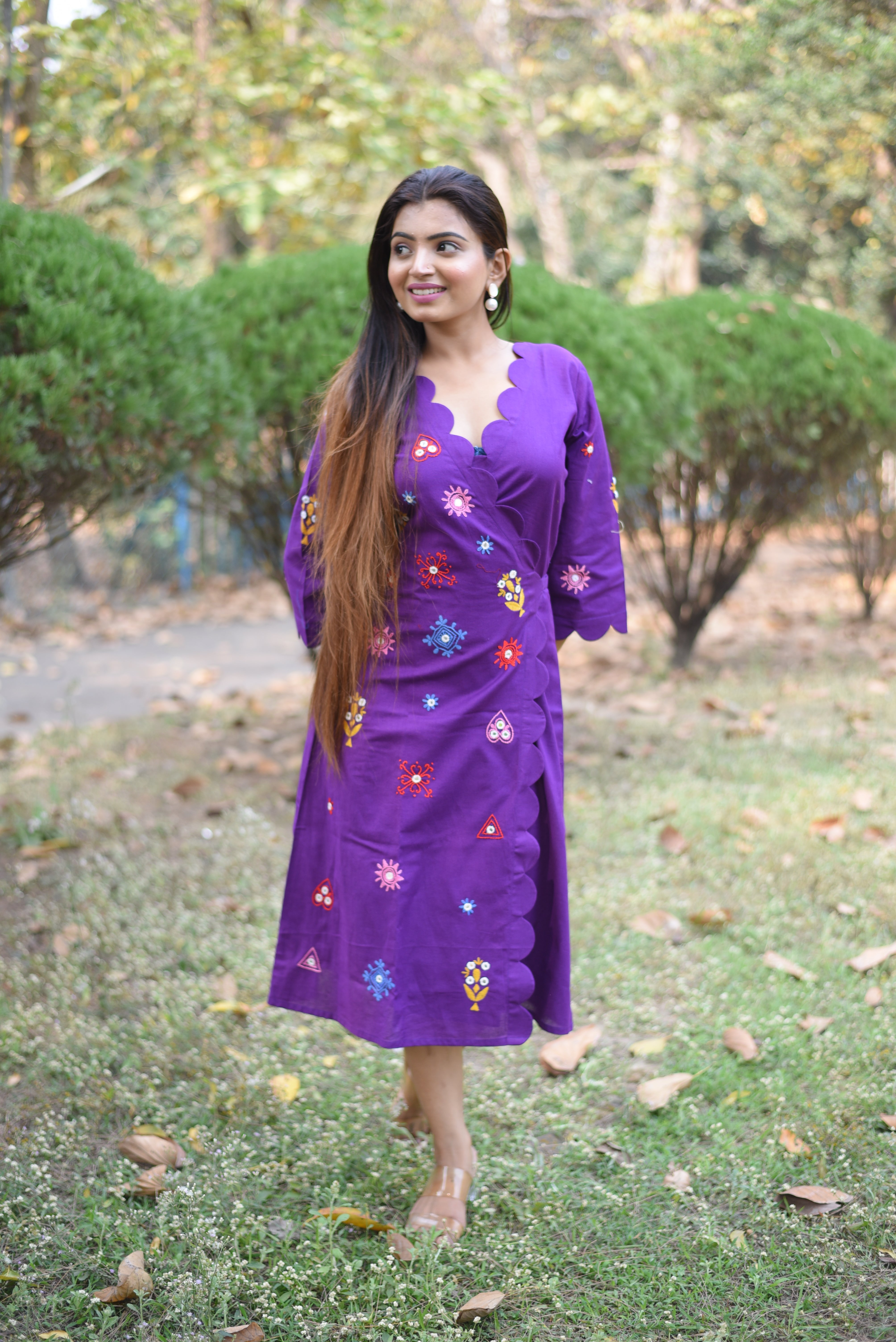 Purple Hand Embroidery With Mirror Work Wrap Dress