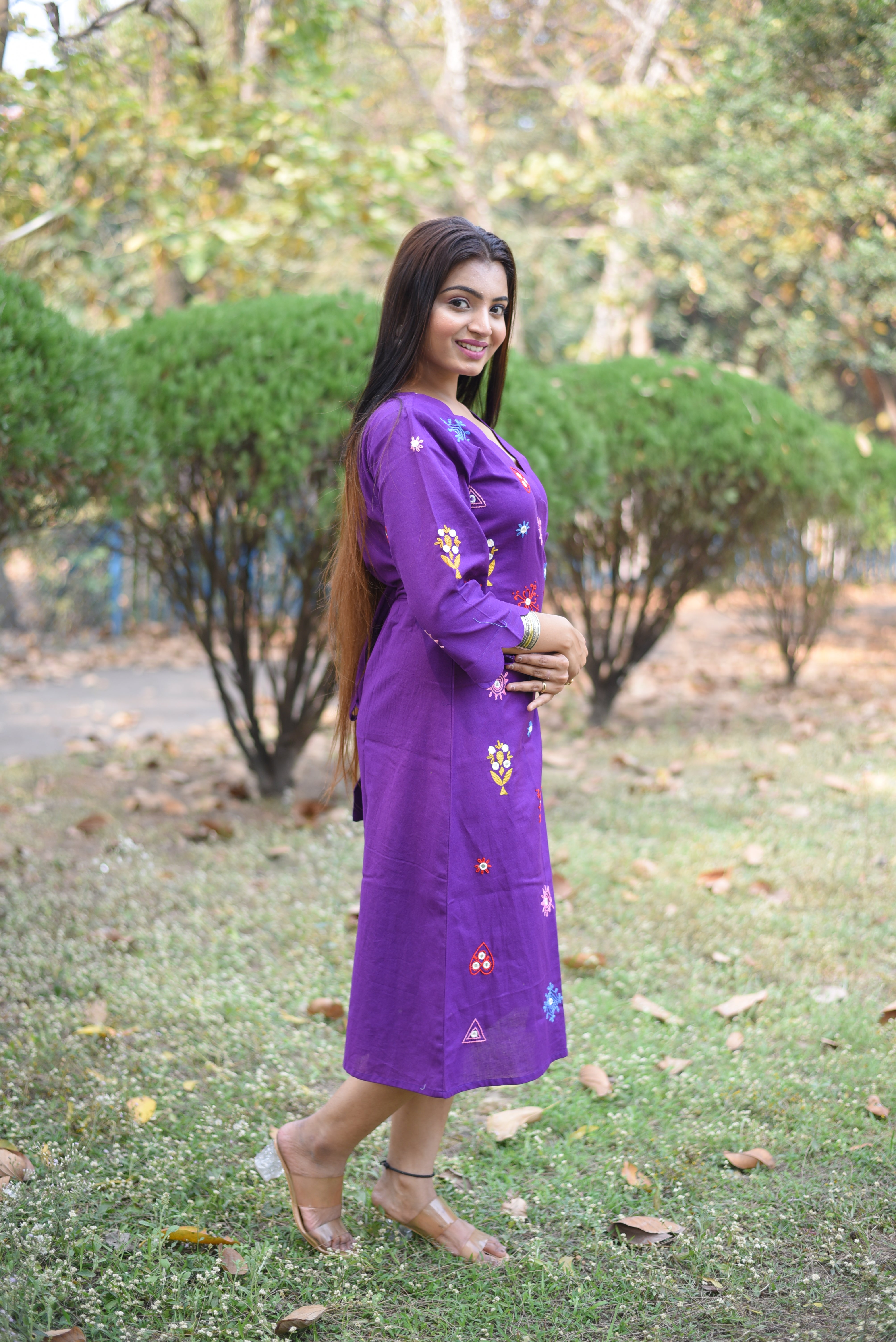 Purple Hand Embroidery With Mirror Work Wrap Dress