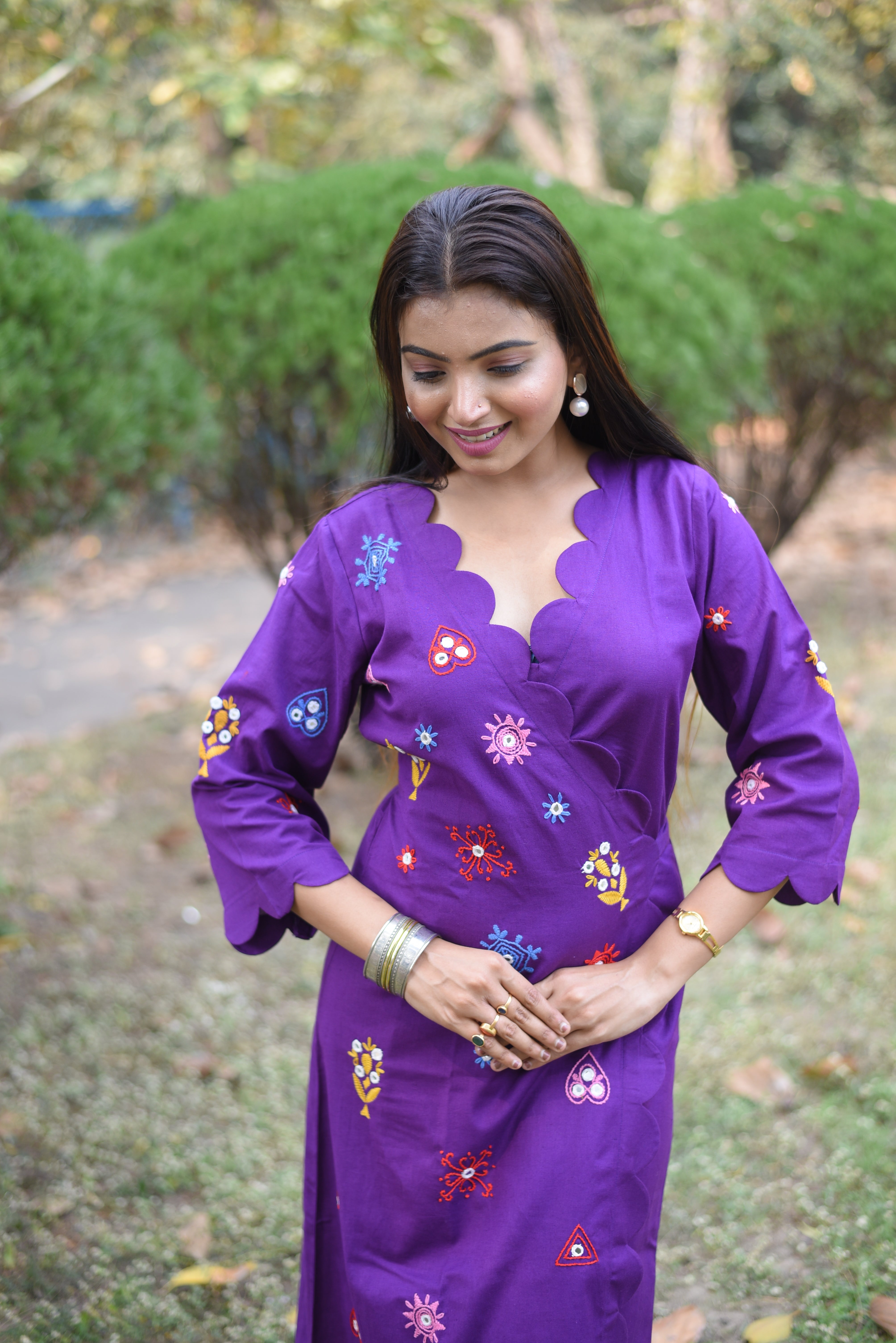 Purple Hand Embroidery With Mirror Work Wrap Dress
