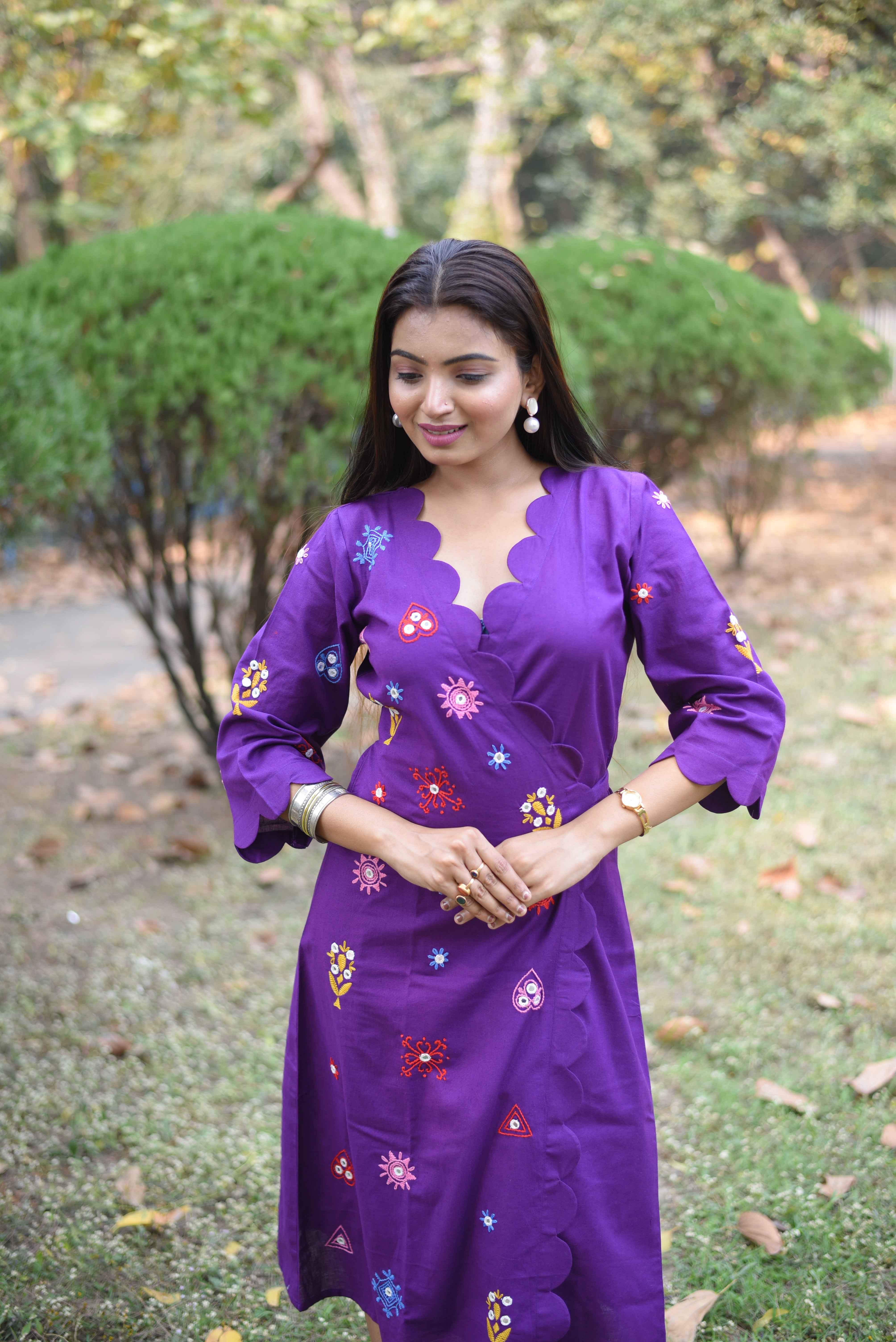 Purple Hand Embroidery With Mirror Work Wrap Dress