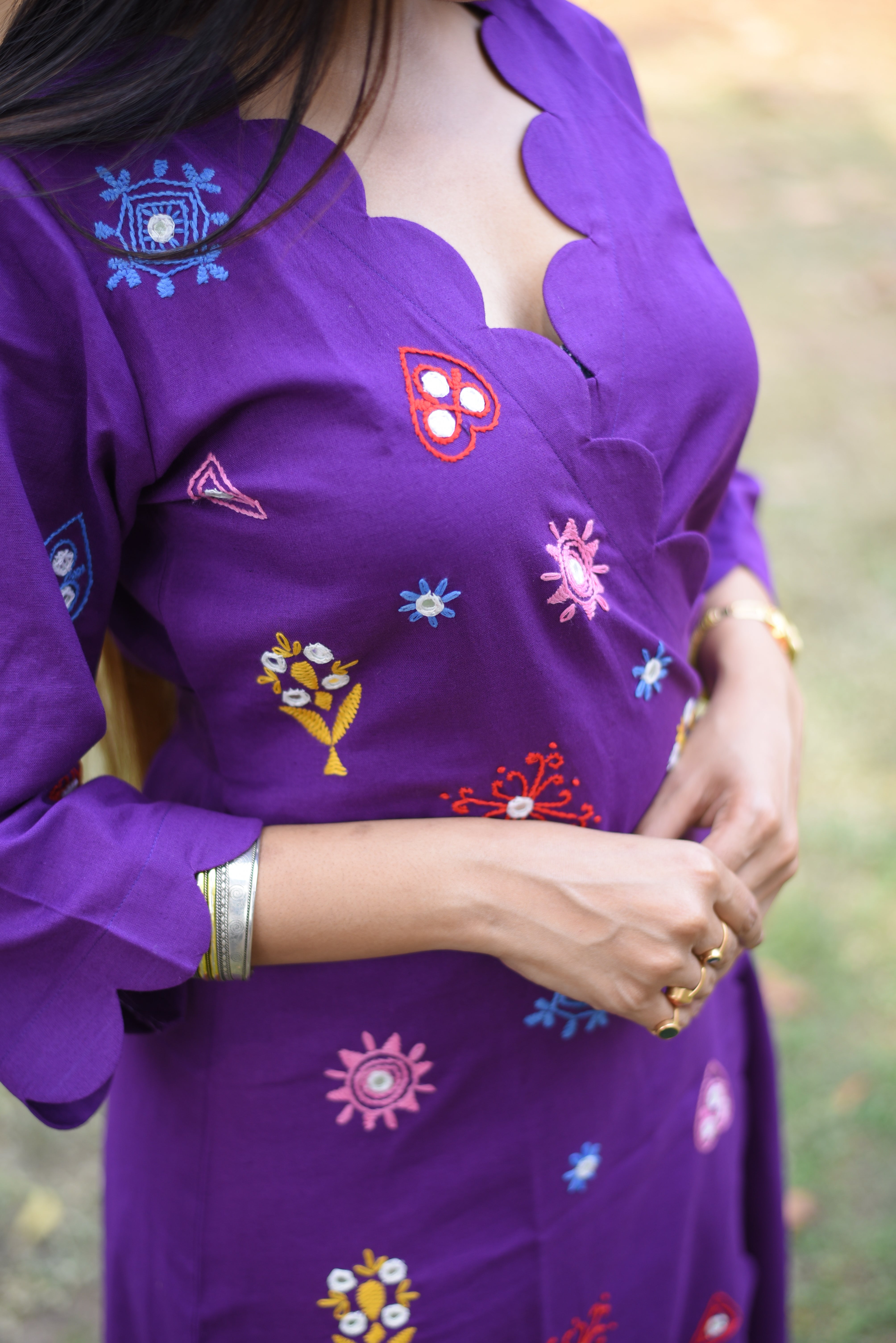 Purple Hand Embroidery With Mirror Work Wrap Dress