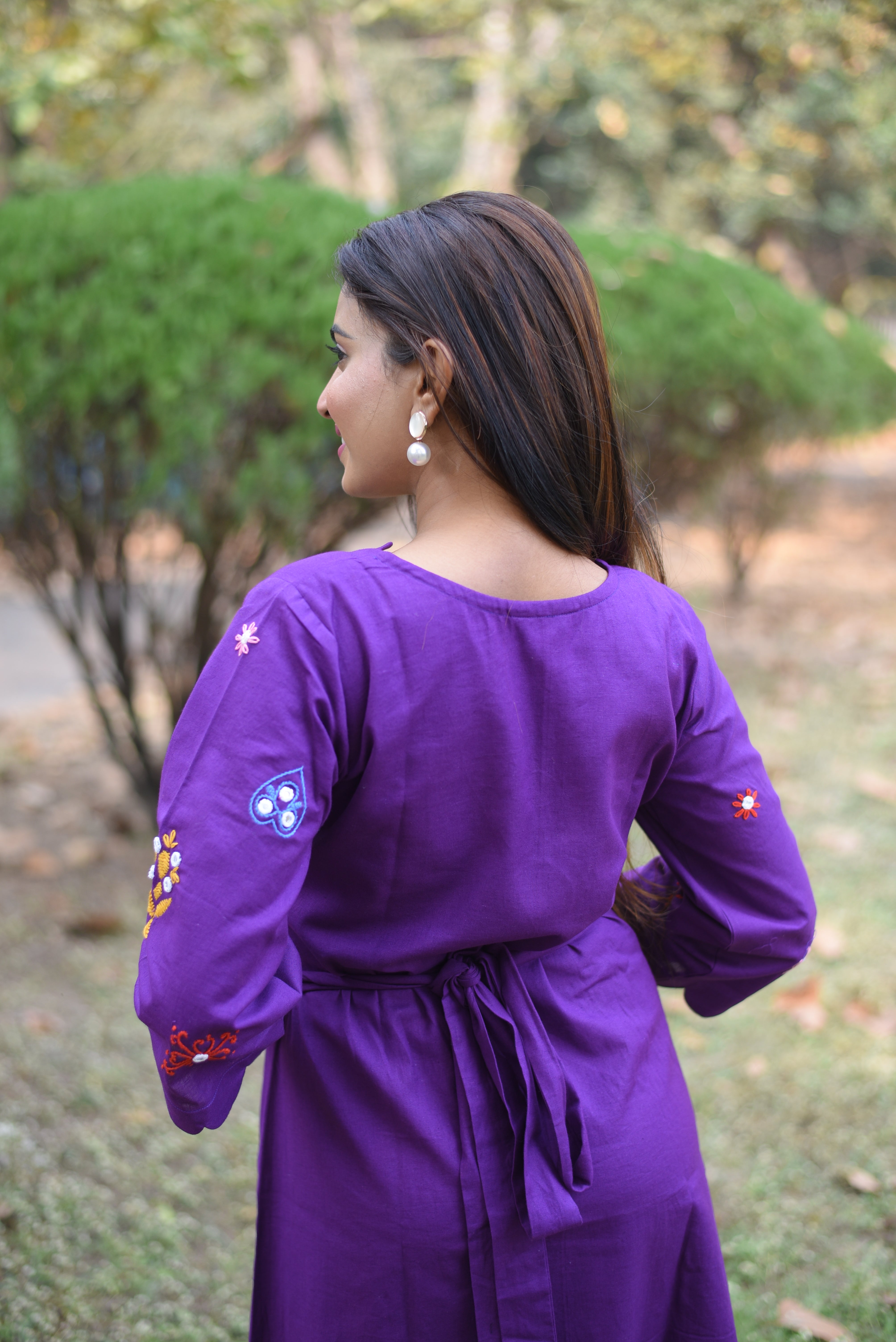 Purple Hand Embroidery With Mirror Work Wrap Dress