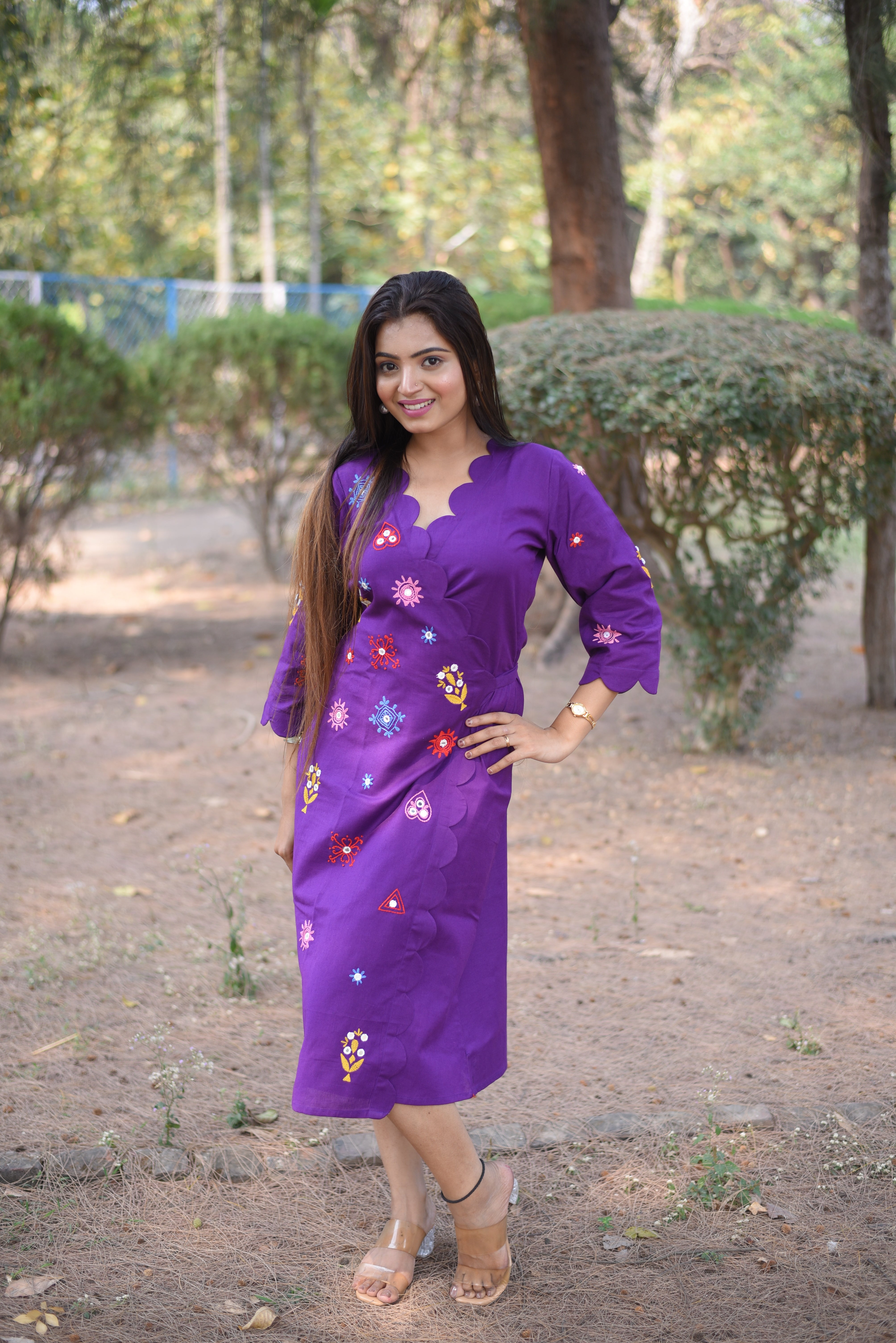 Purple Hand Embroidery With Mirror Work Wrap Dress