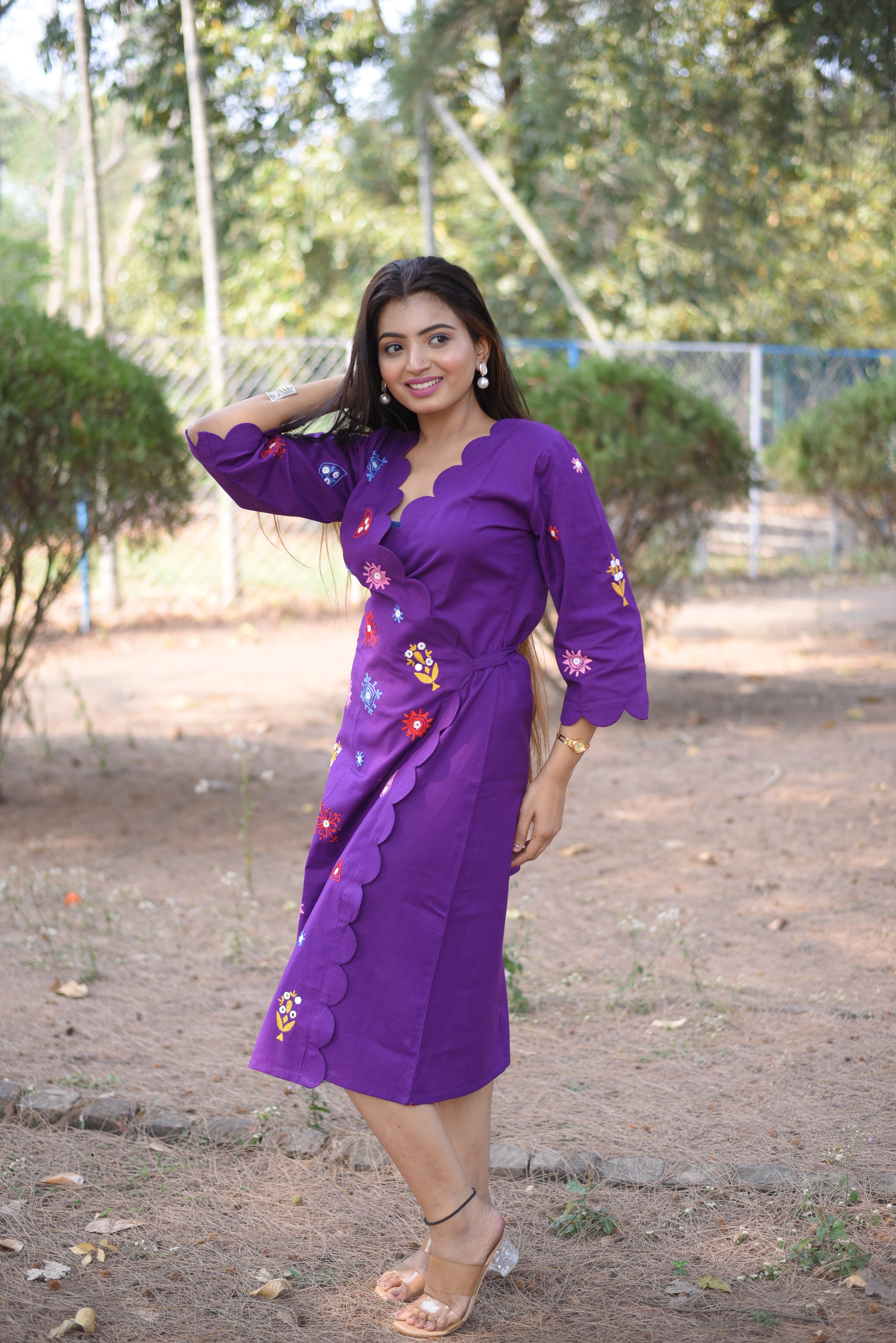 Purple Hand Embroidery With Mirror Work Wrap Dress