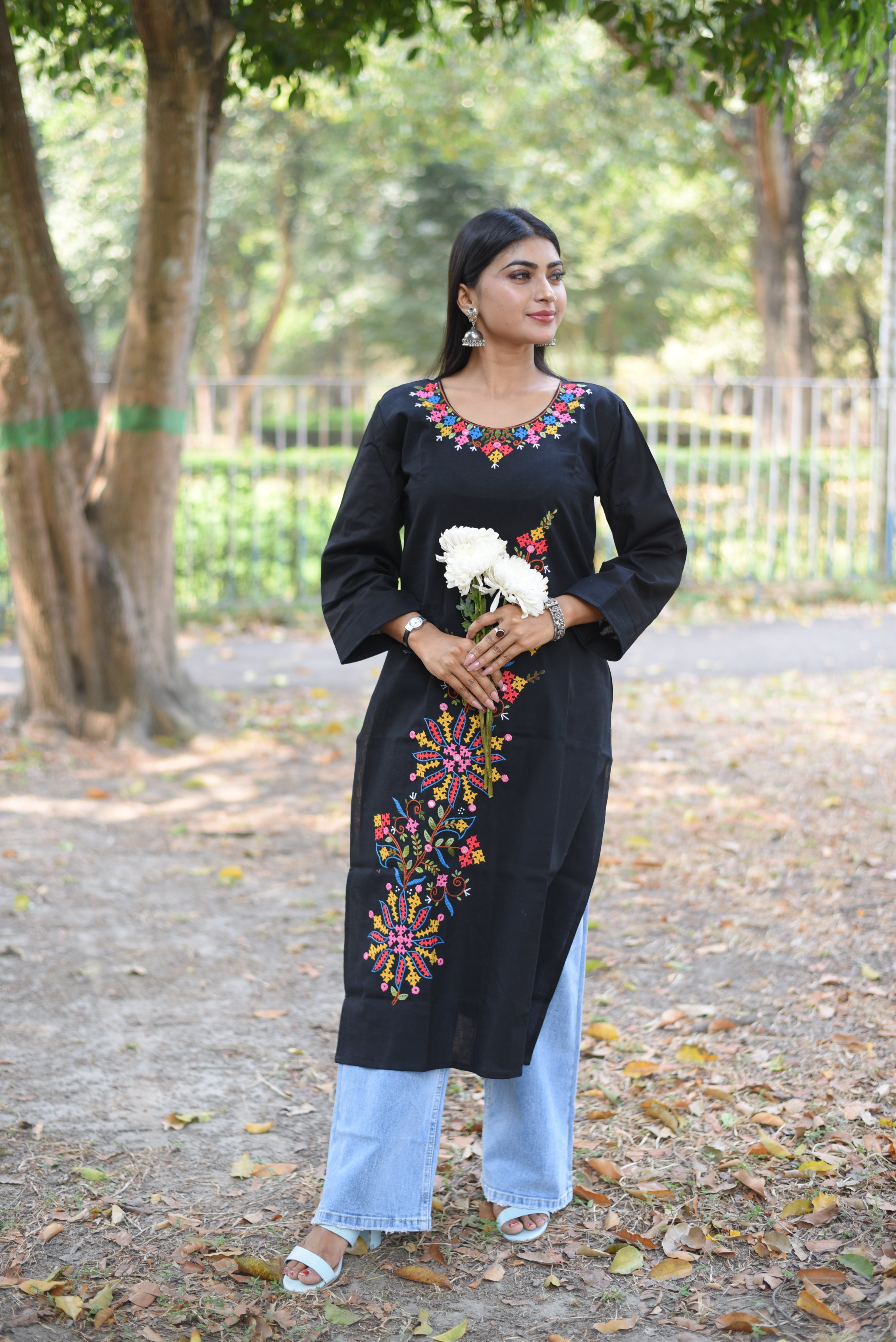 Floral Hand Embroidered Black Cotton Kurta