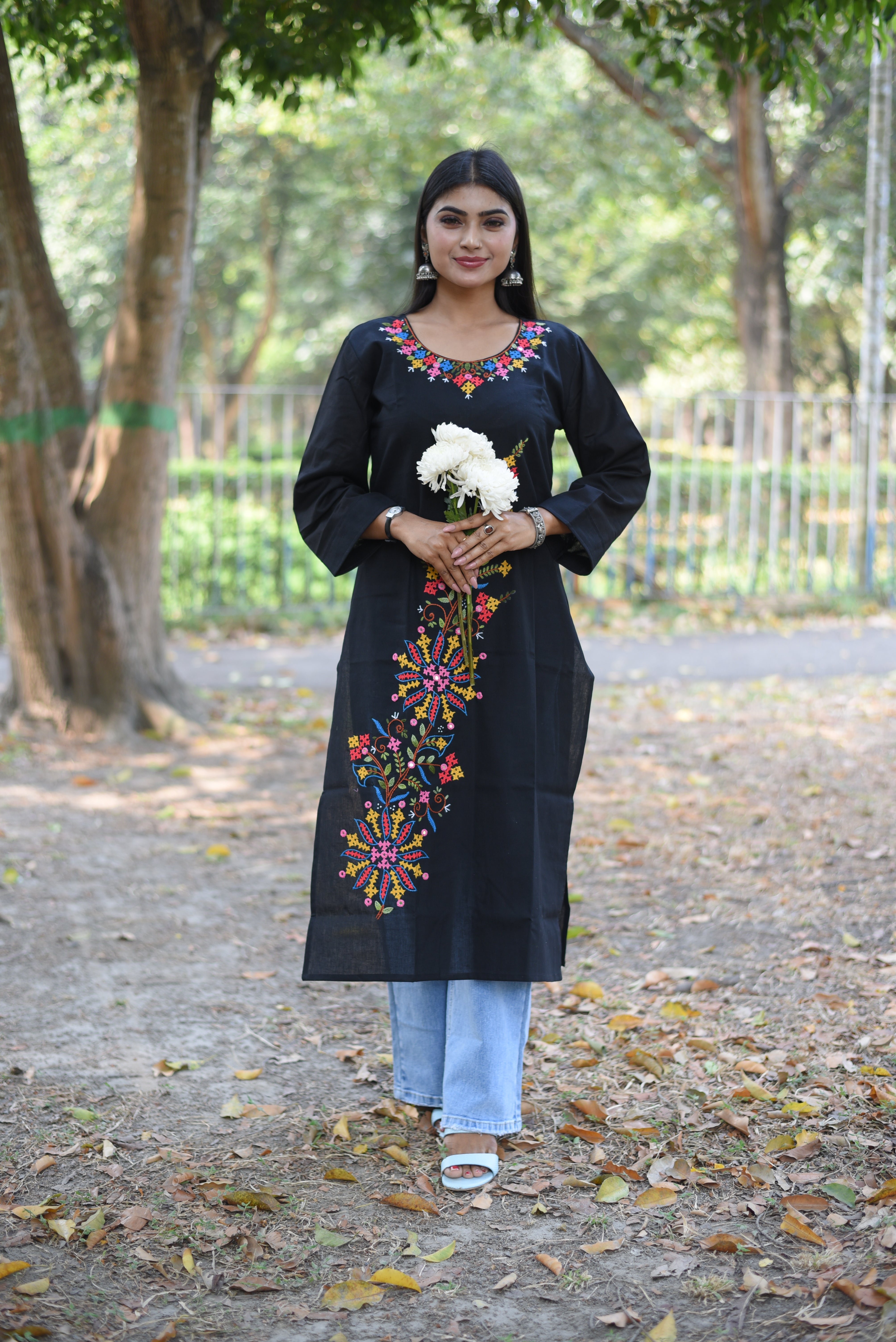 Floral Hand Embroidered Black Cotton Kurta