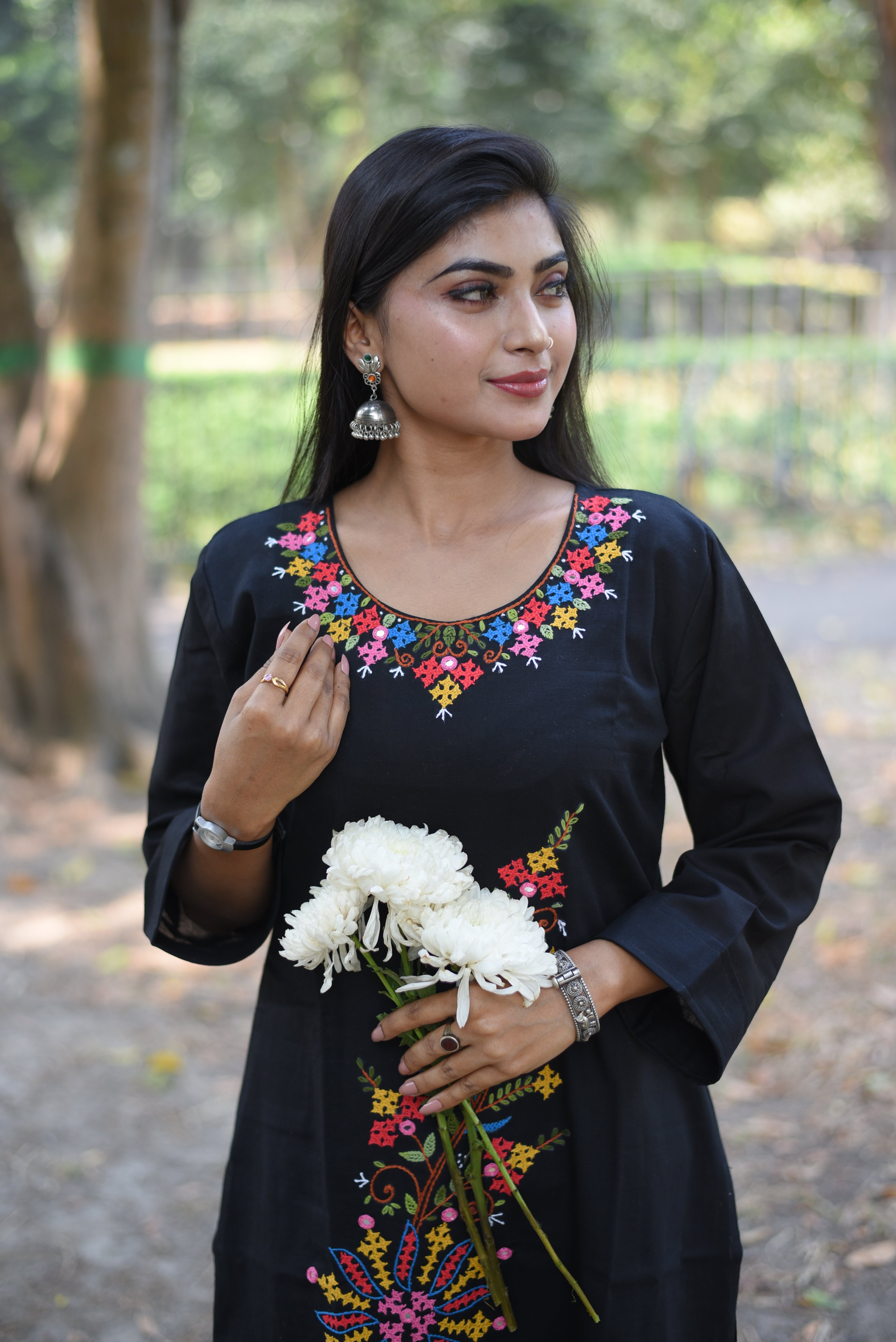 Floral Hand Embroidered Black Cotton Kurta