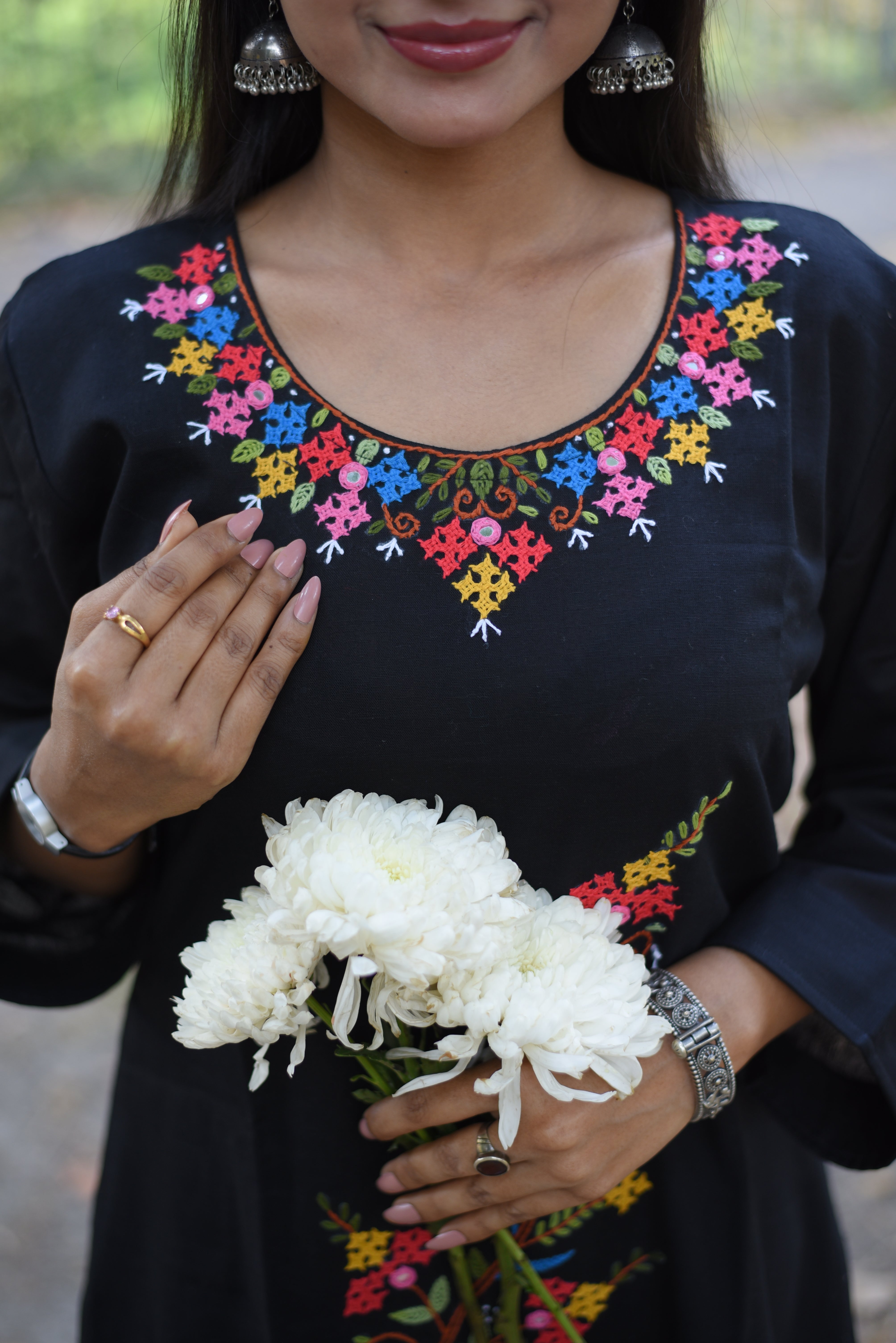 Floral Hand Embroidered Black Cotton Kurta