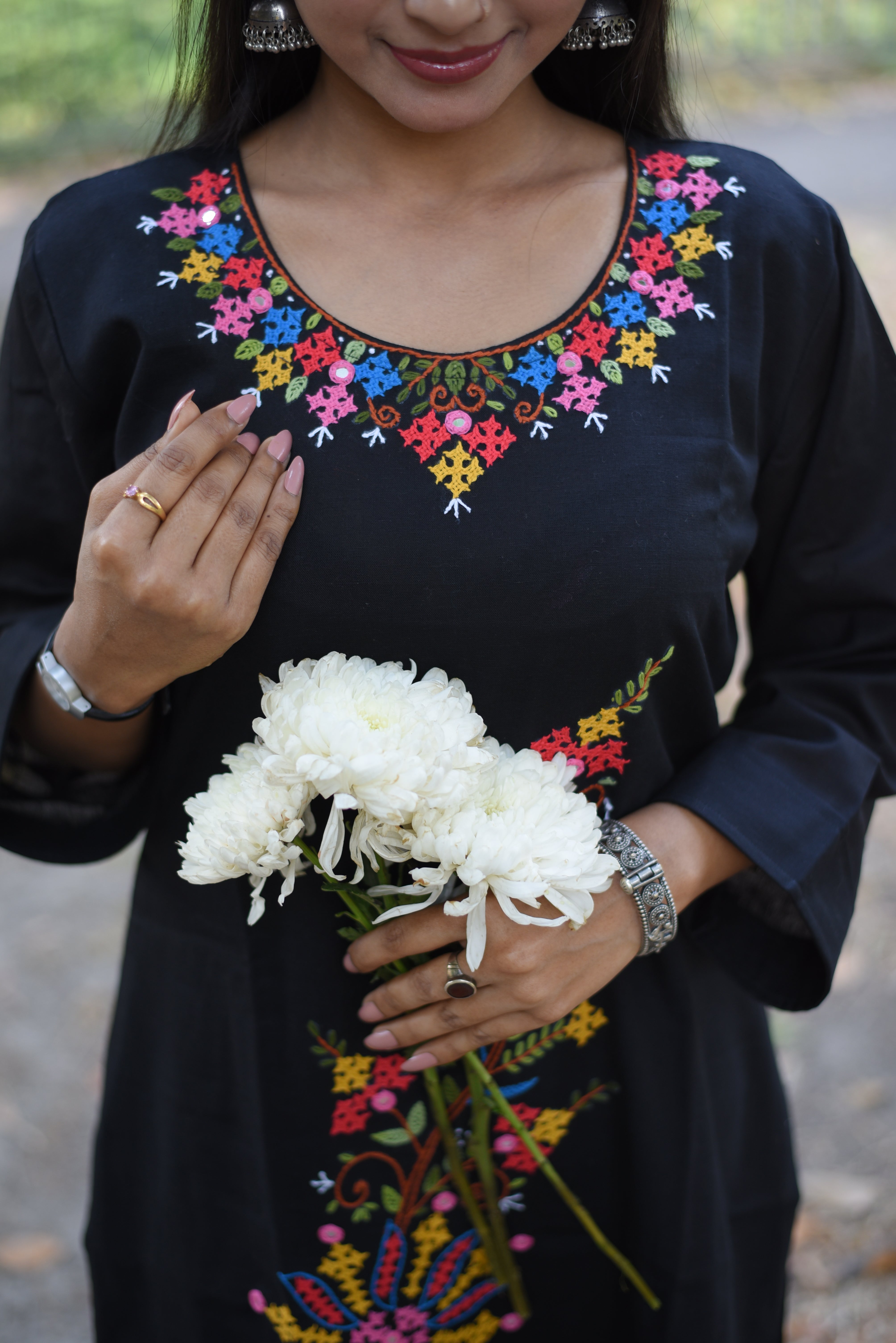 Floral Hand Embroidered Black Cotton Kurta