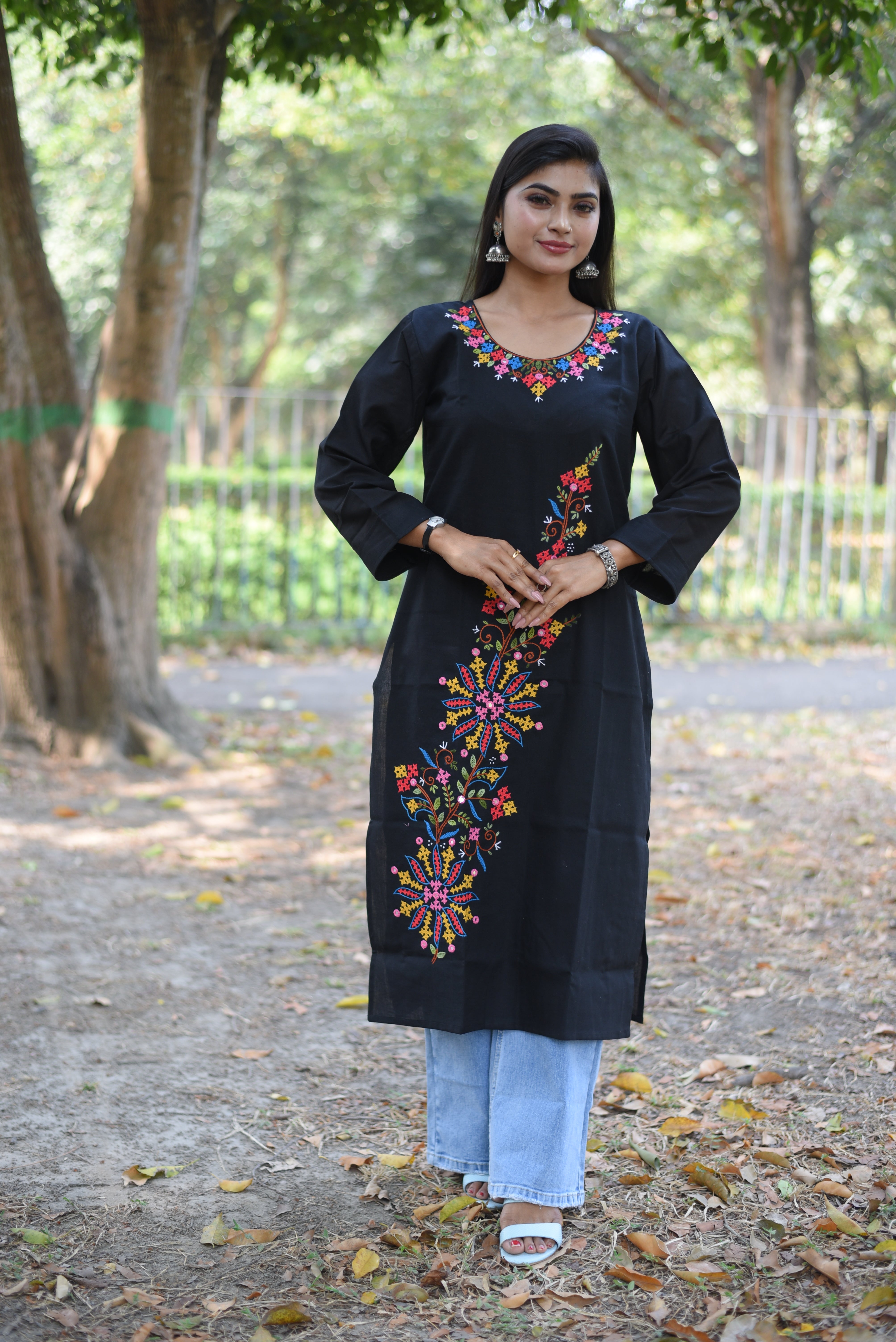 Floral Hand Embroidered Black Cotton Kurta