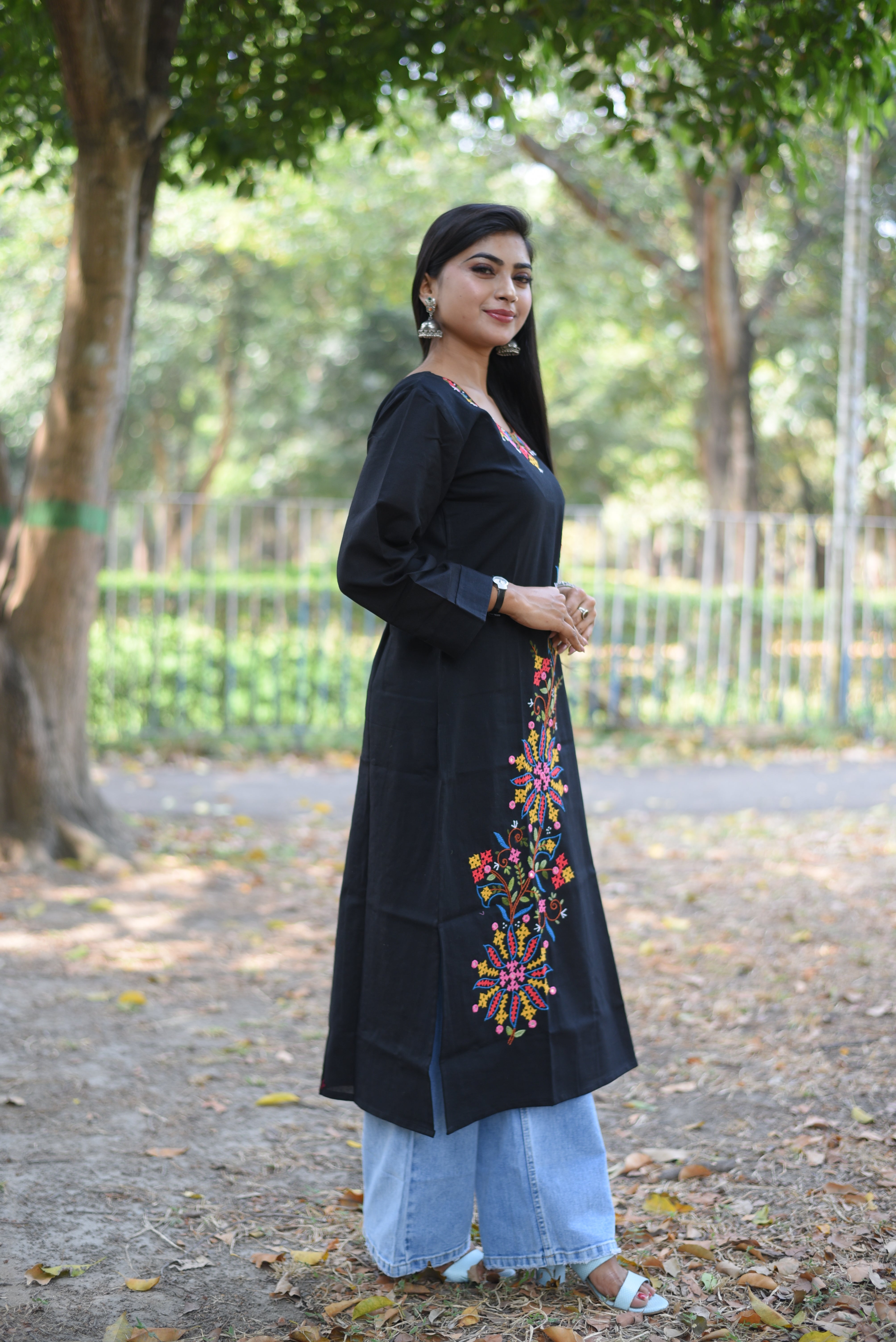 Floral Hand Embroidered Black Cotton Kurta