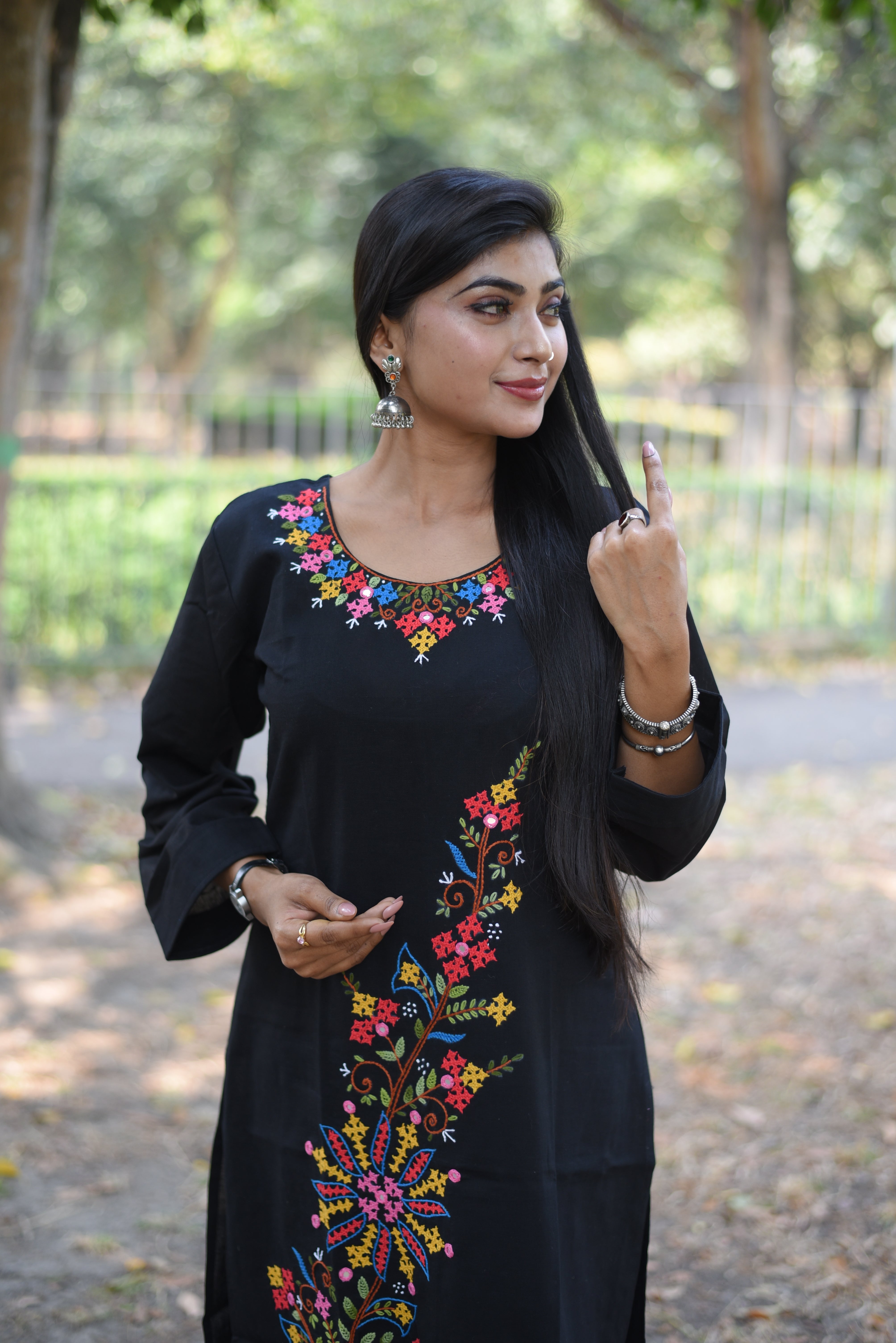 Floral Hand Embroidered Black Cotton Kurta