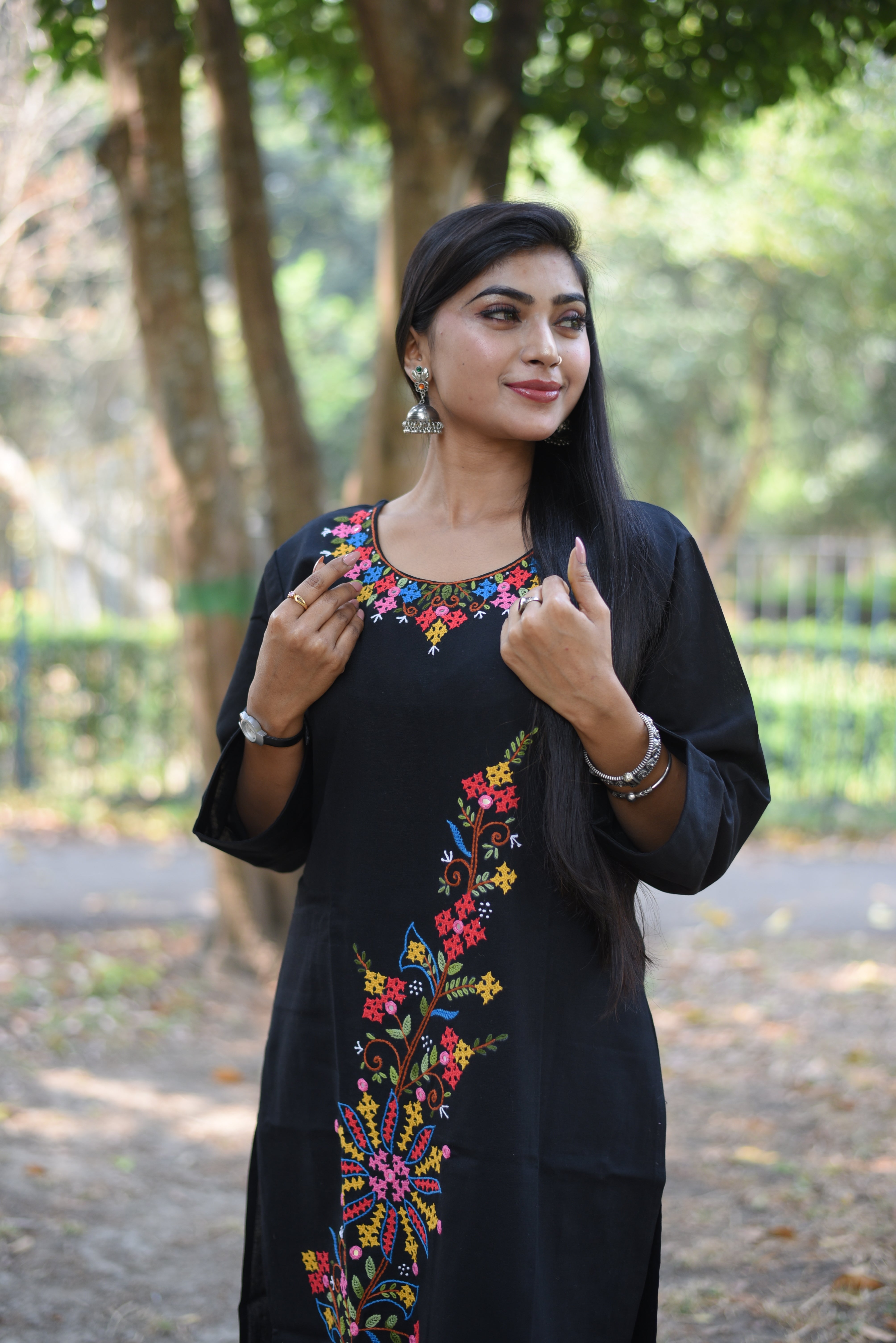 Floral Hand Embroidered Black Cotton Kurta