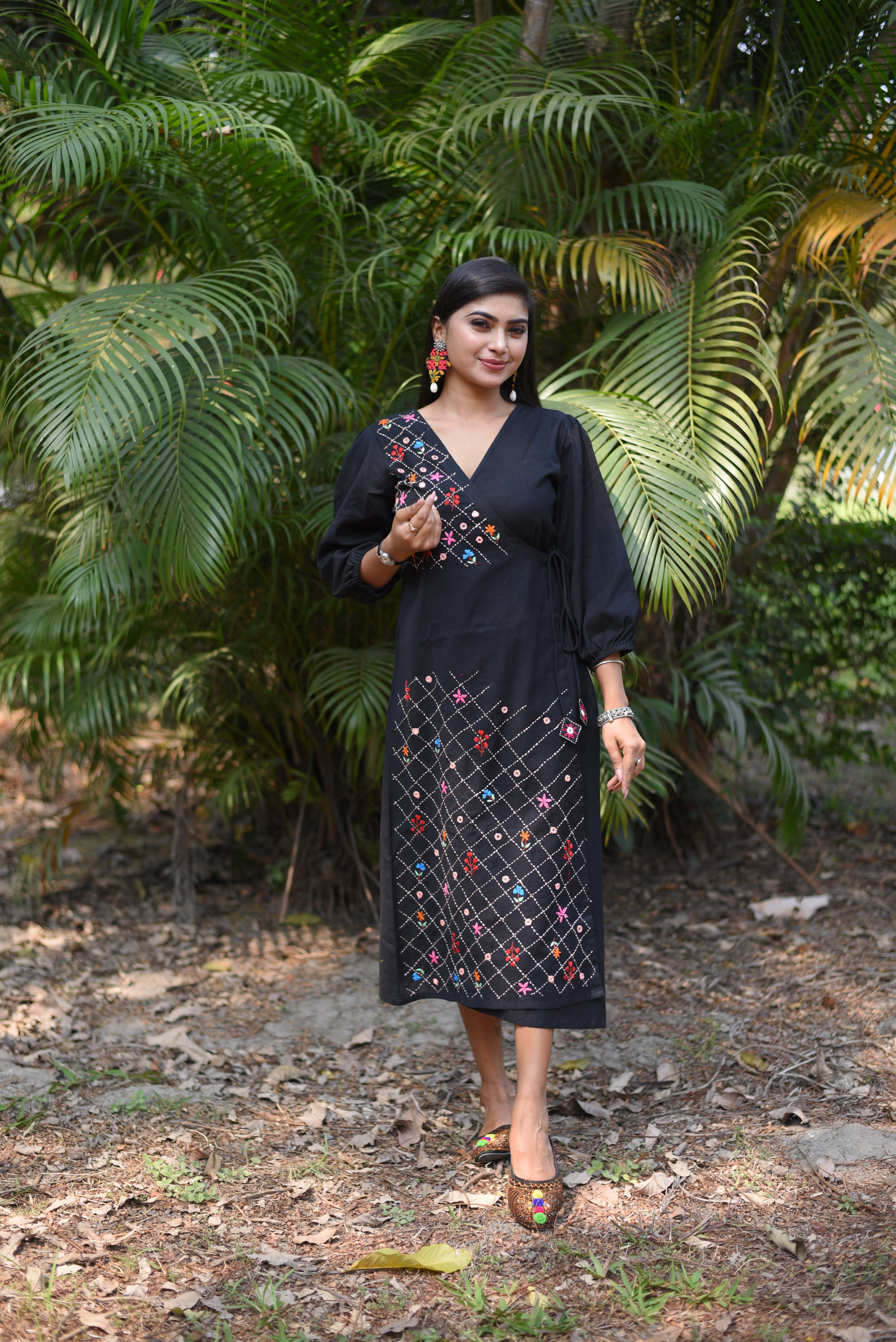 Black Cotton Kutch Embroidery Wrap Dress