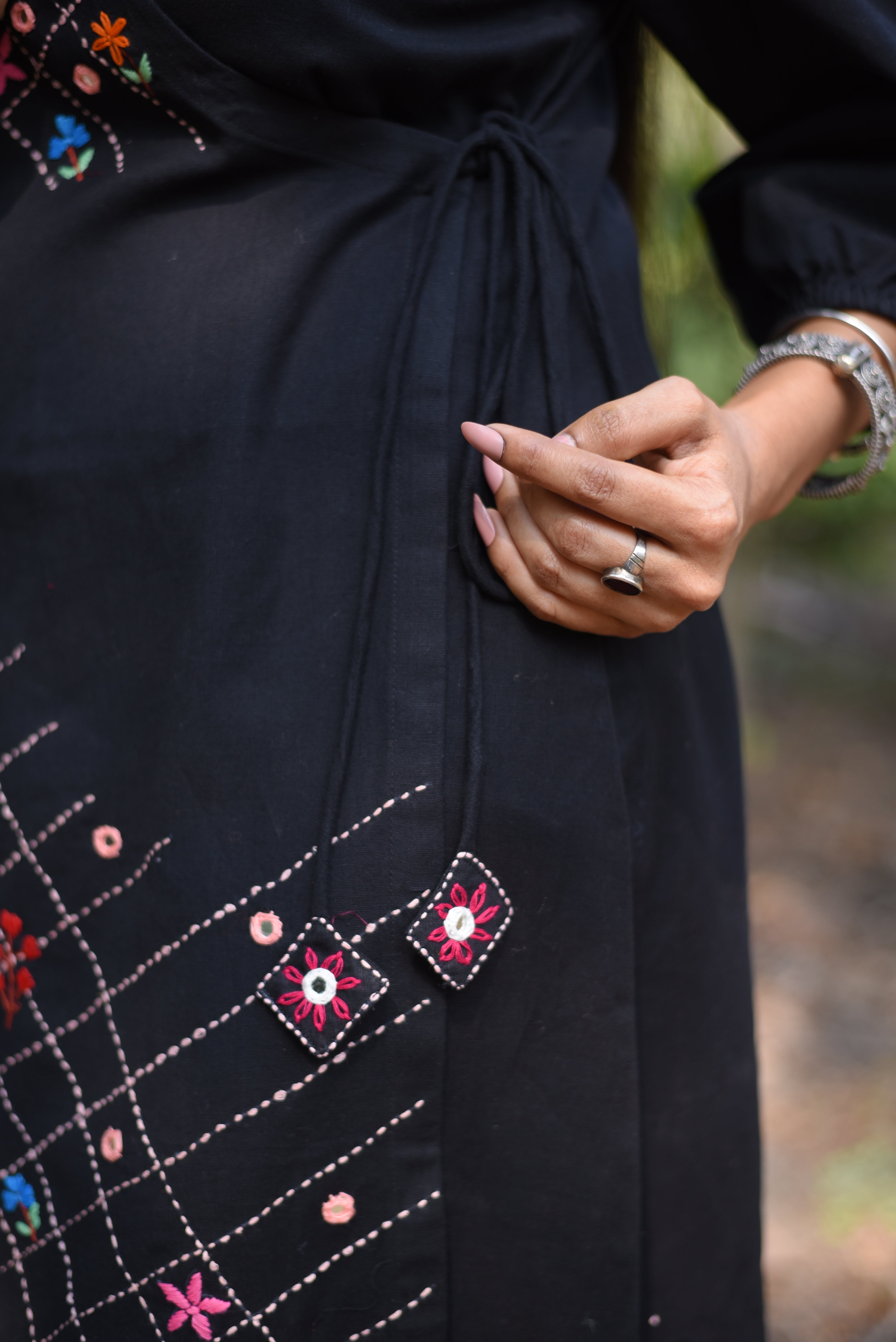Black Cotton Kutch Embroidery Wrap Dress