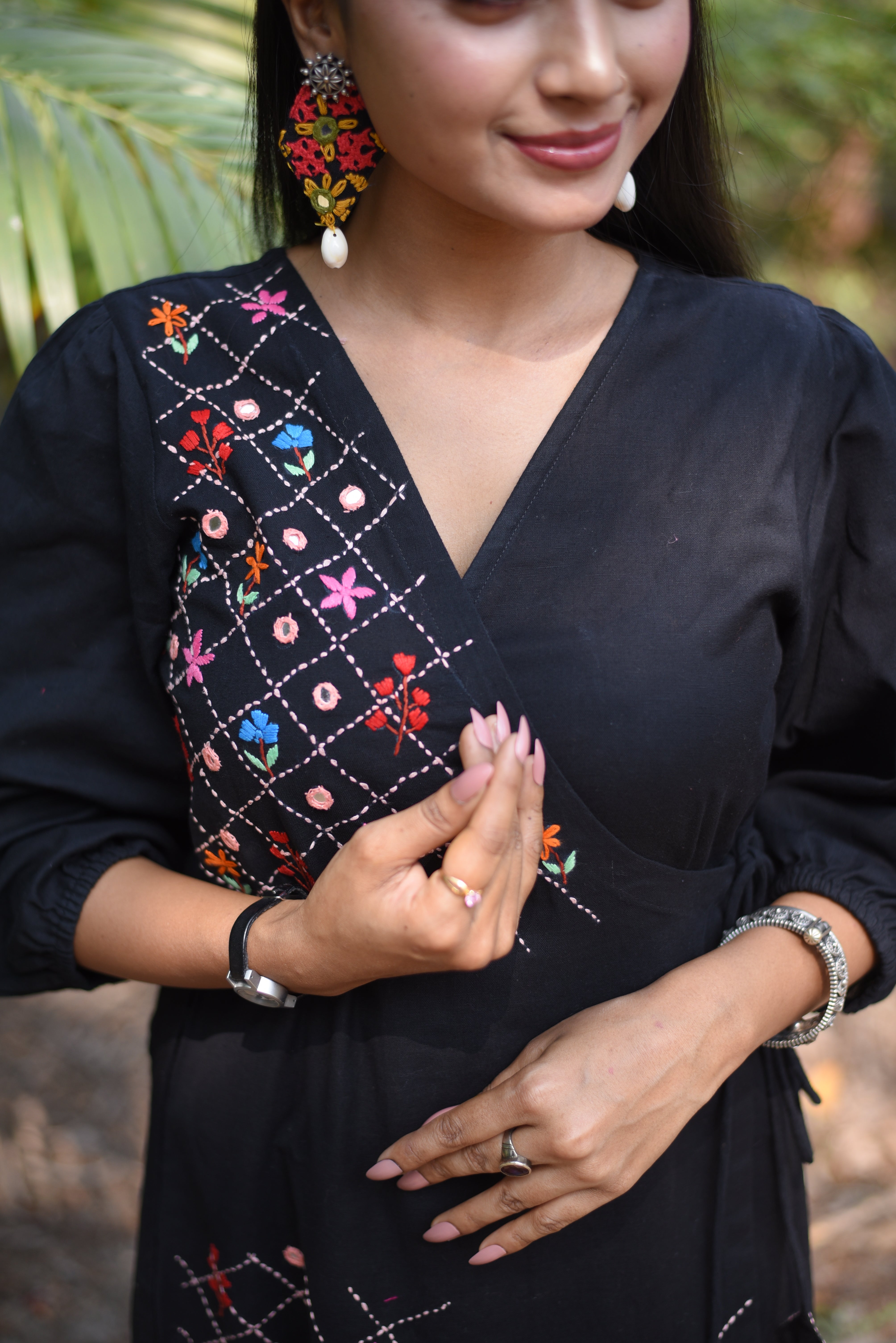 Black Cotton Kutch Embroidery Wrap Dress