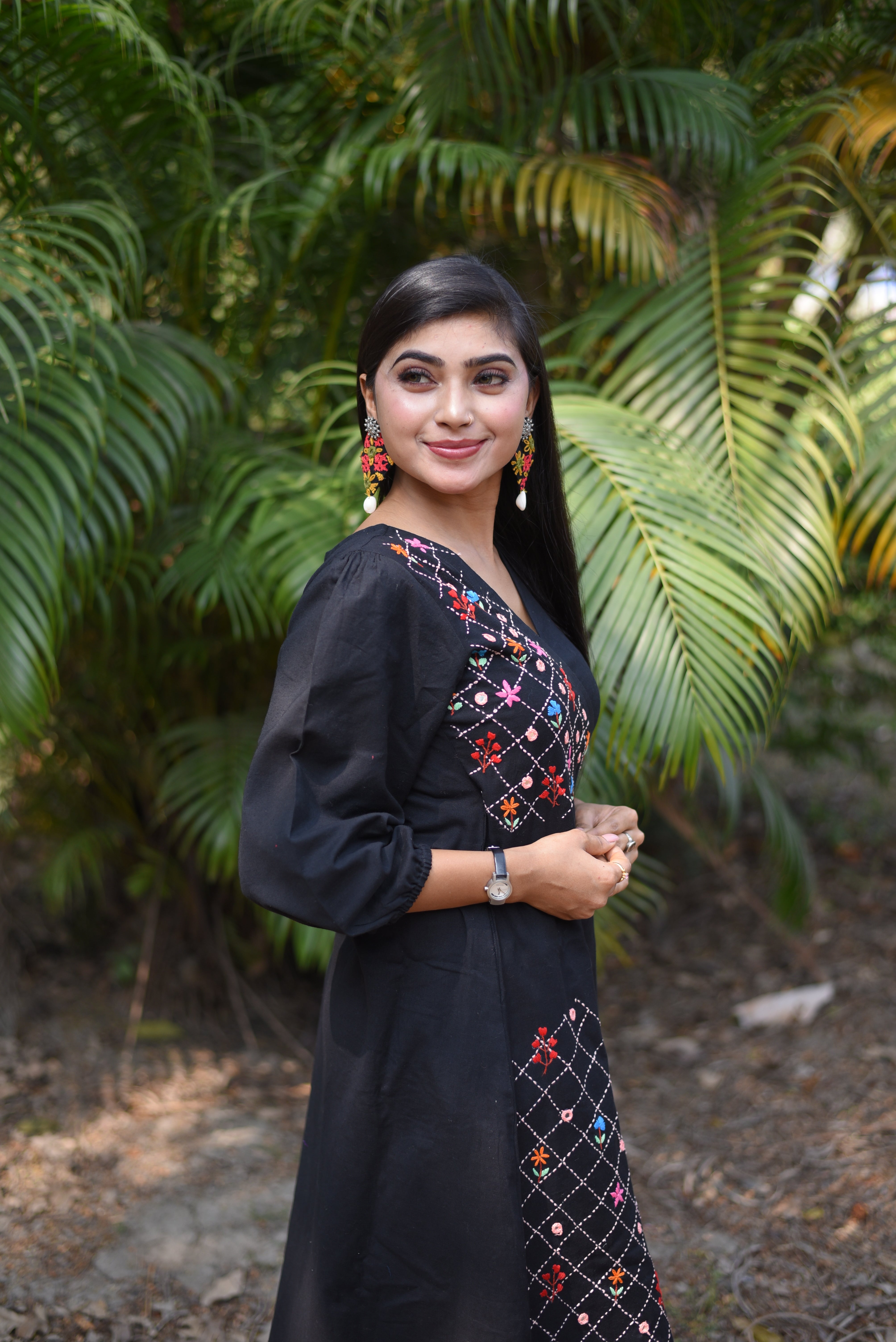 Black Cotton Kutch Embroidery Wrap Dress
