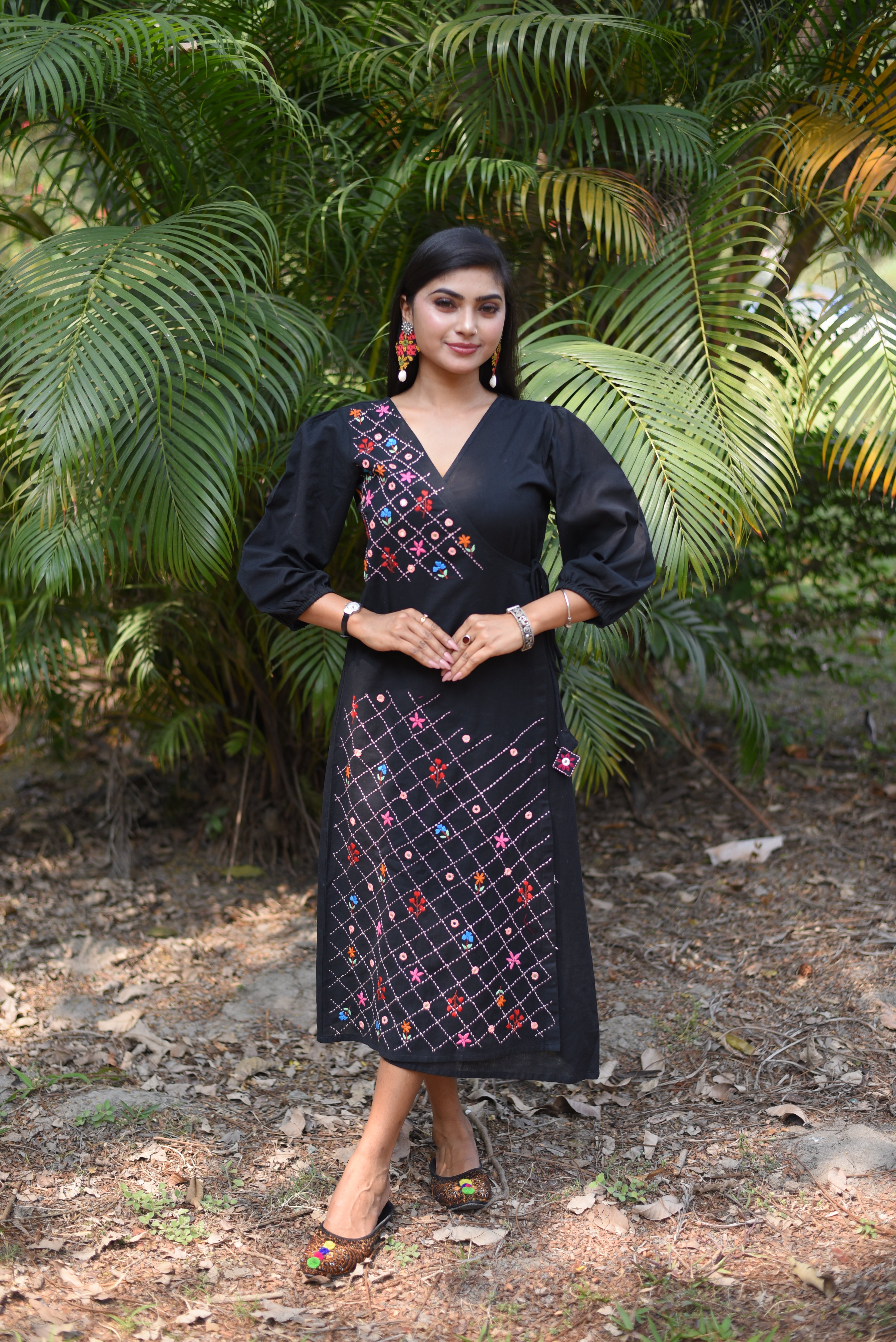 Black Cotton Kutch Embroidery Wrap Dress