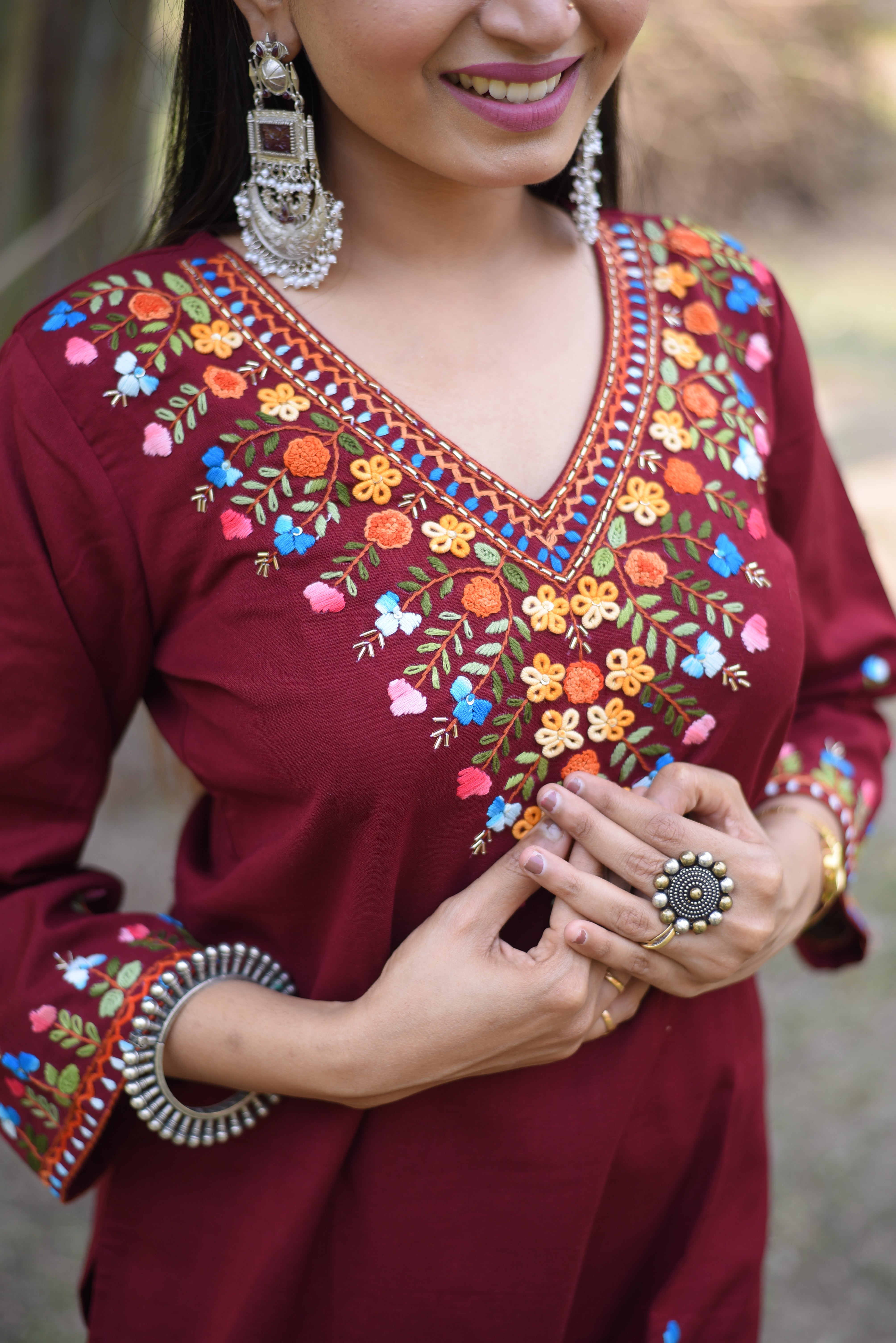 Maroon V-Neck Hand Embroidered Cotton Kurta