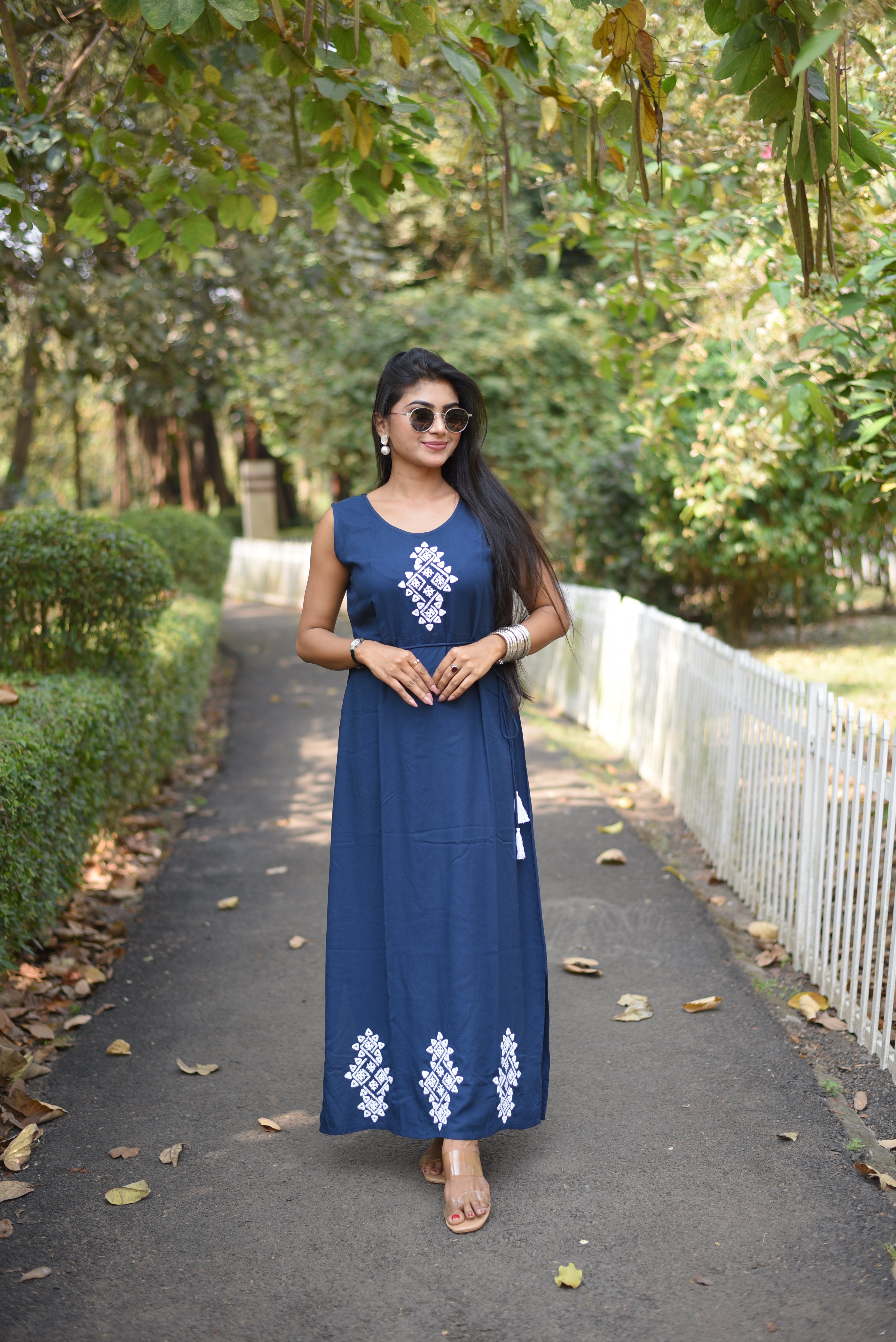 Blue Rayon Kutch Embroidery Long Dress