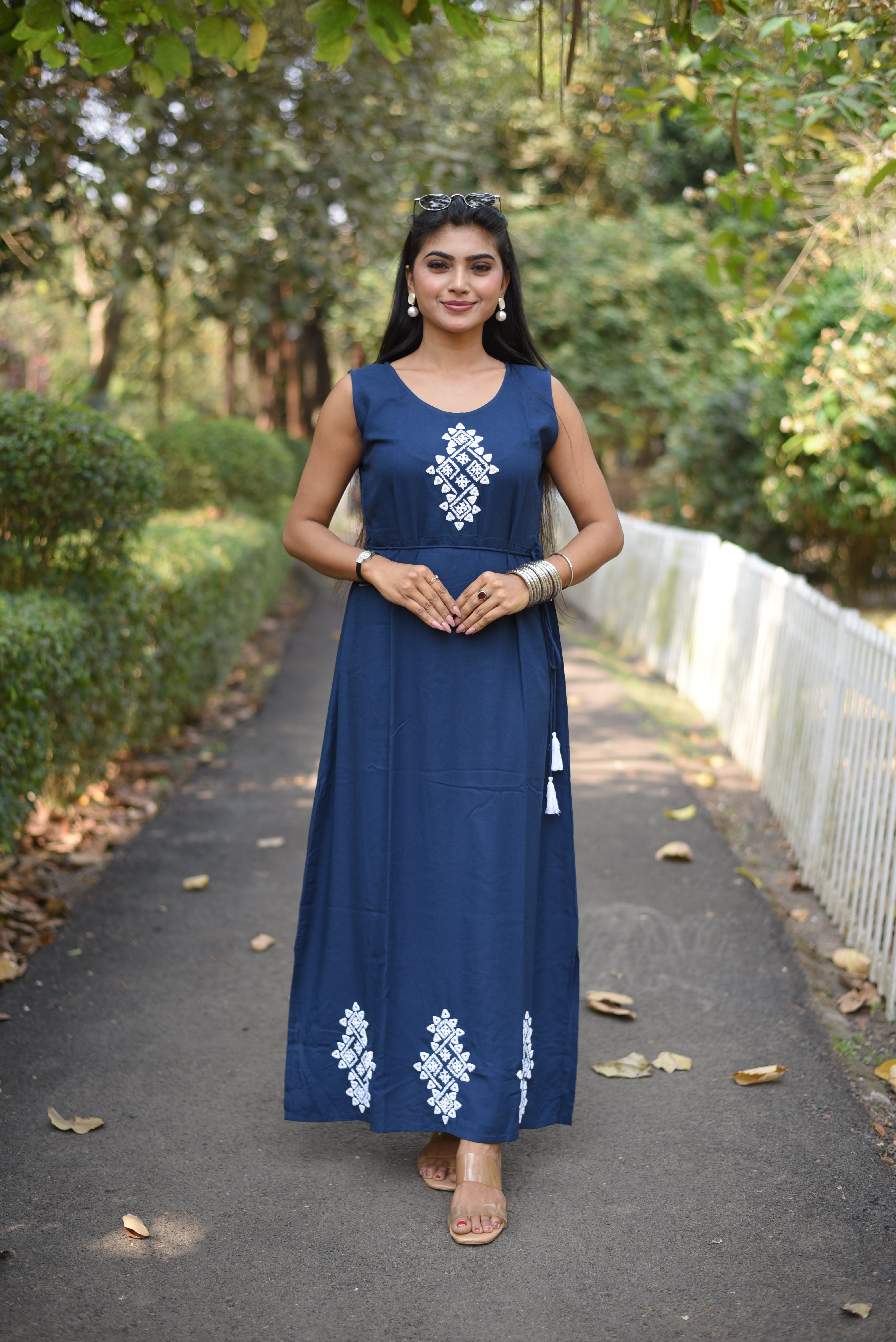 Blue Rayon Kutch Embroidery Long Dress