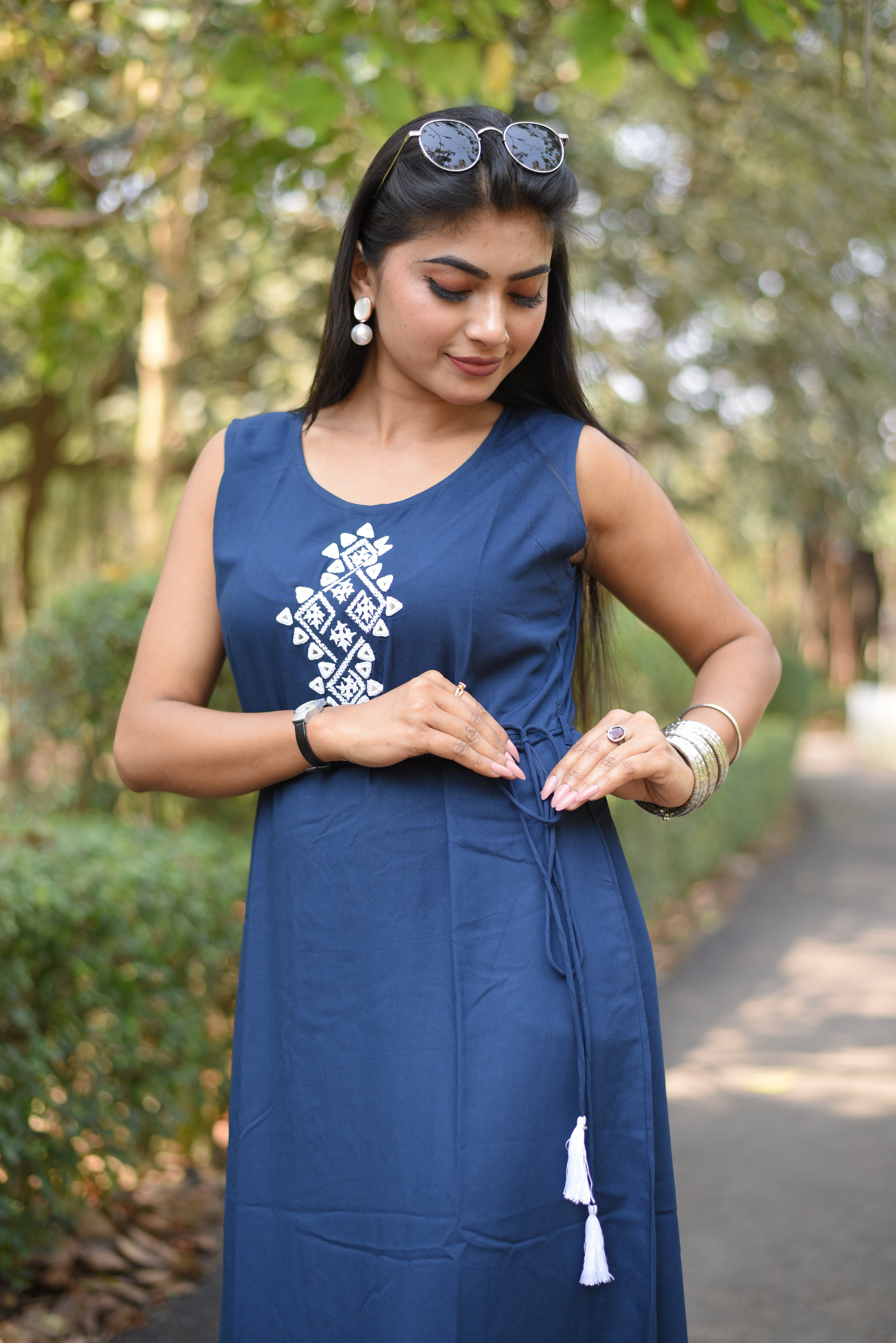 Blue Rayon Kutch Embroidery Long Dress