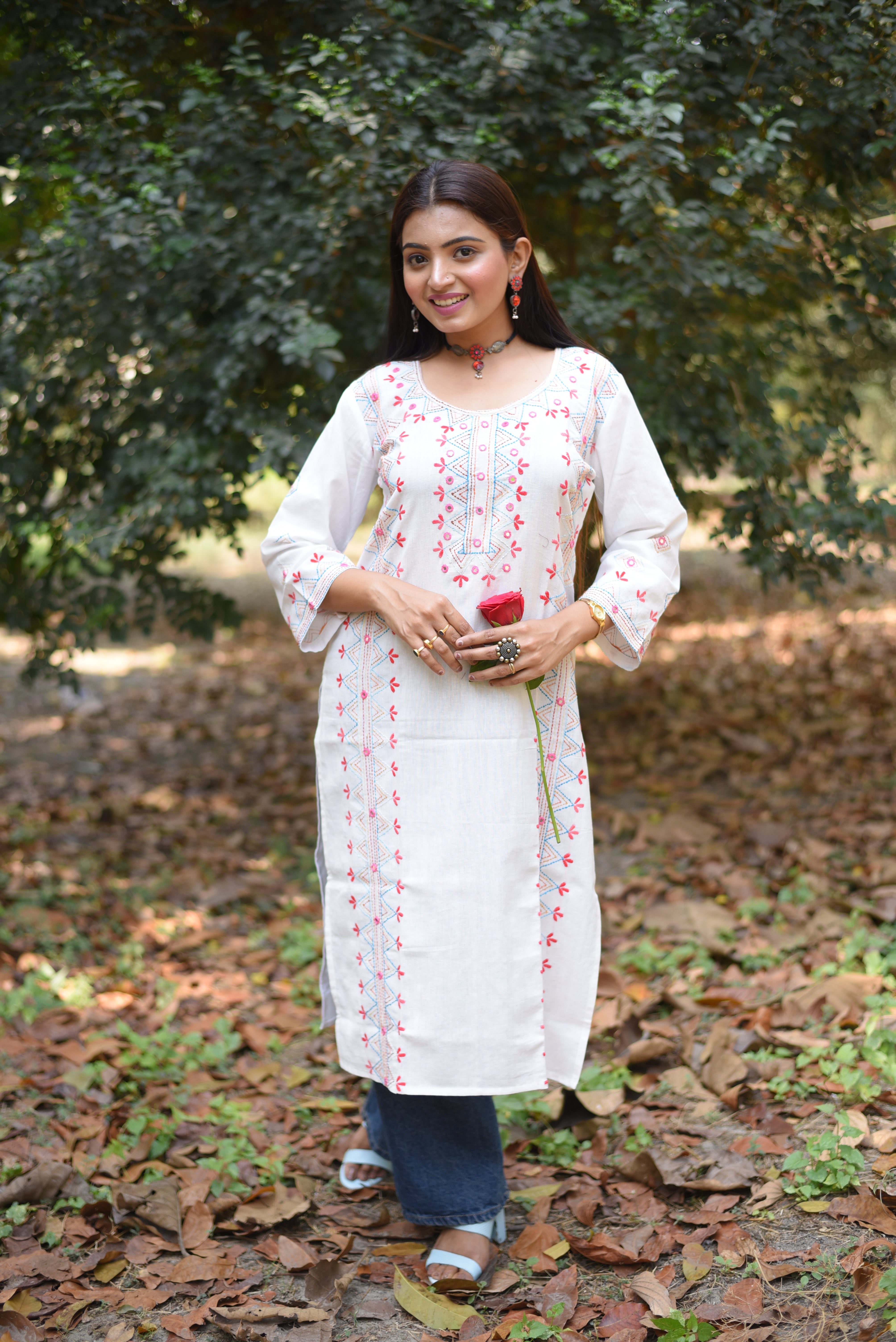 Off White Mirror Work Hand Embroidered Cotton Kurta