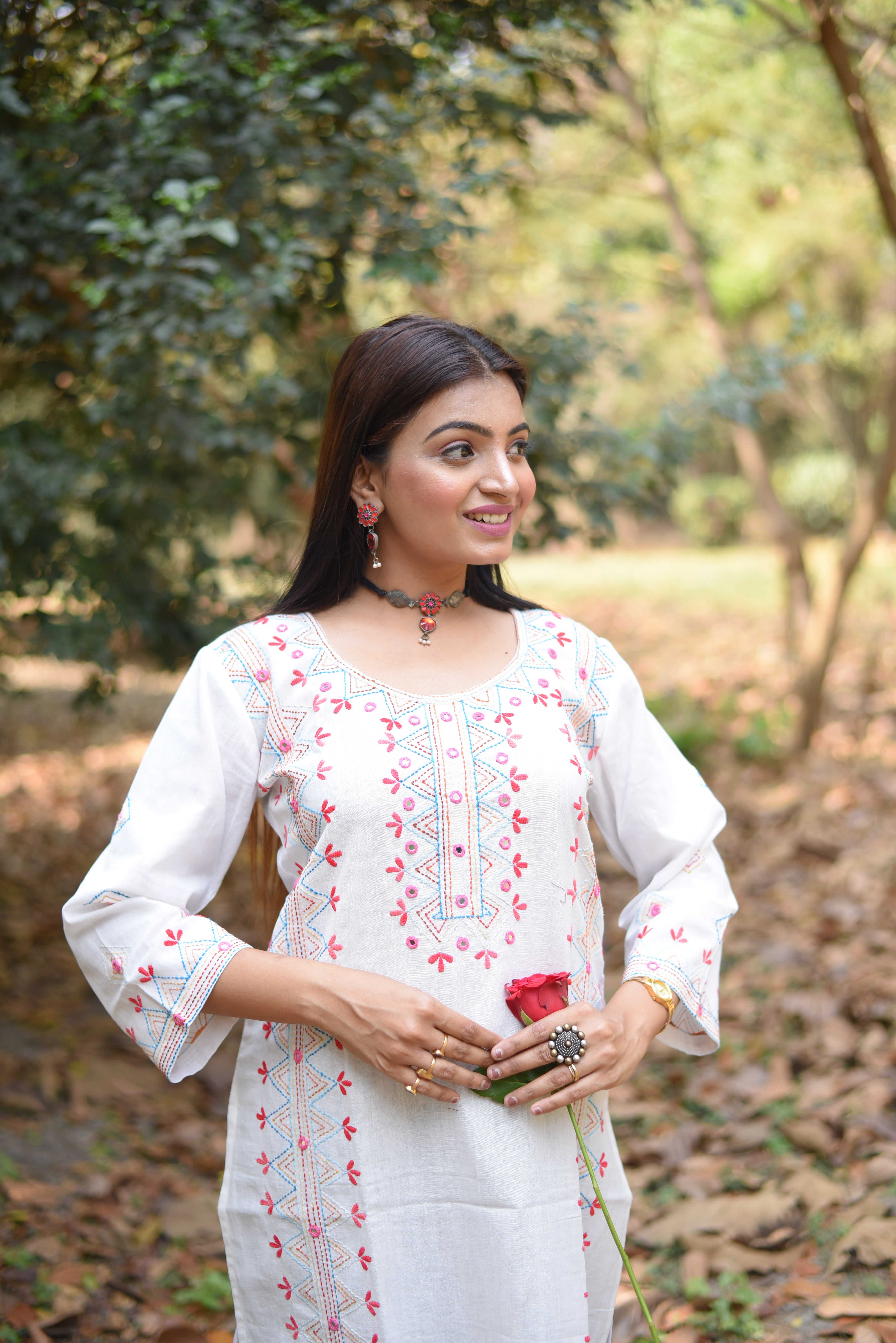 Off White Mirror Work Hand Embroidered Cotton Kurta