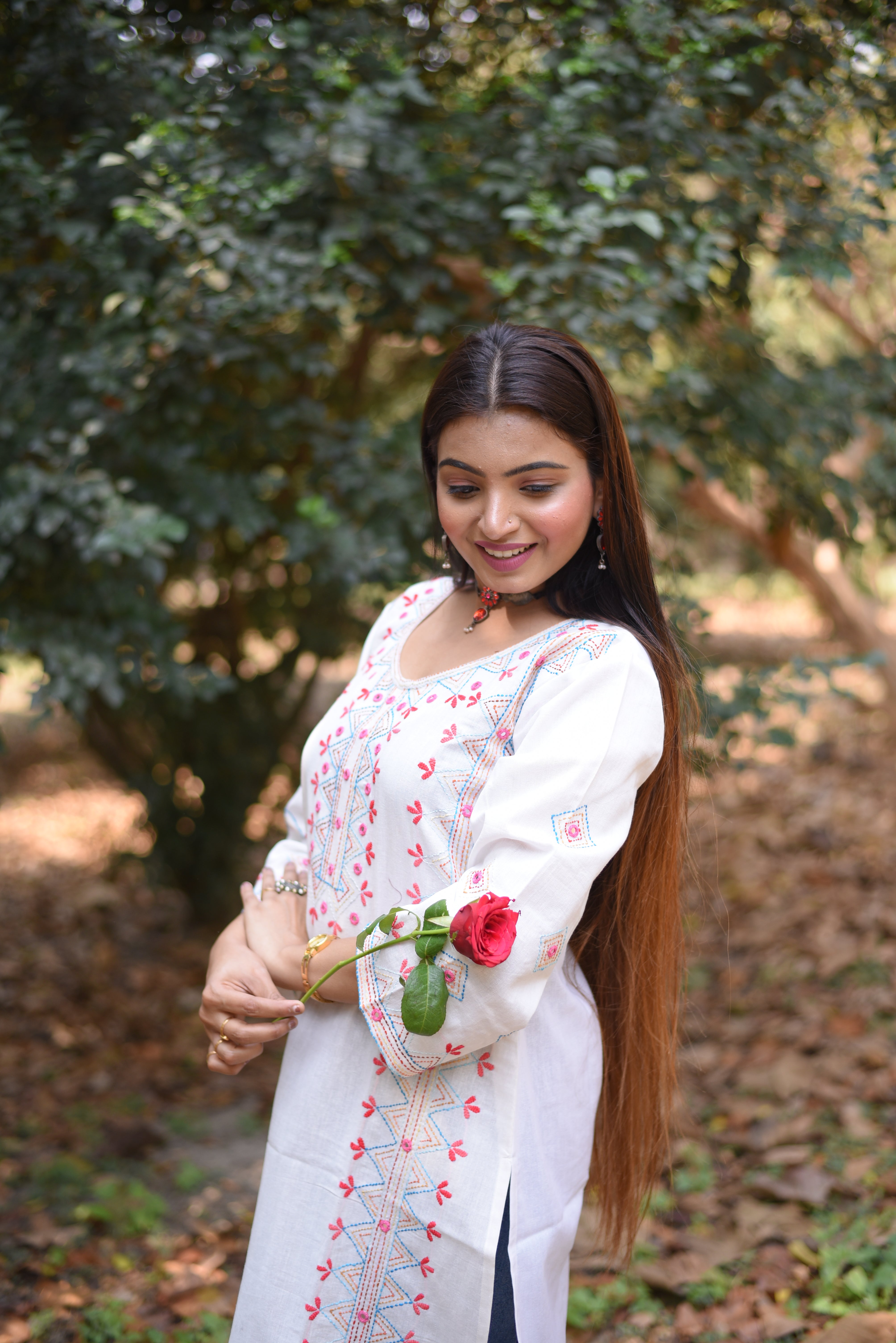Off White Mirror Work Hand Embroidered Cotton Kurta