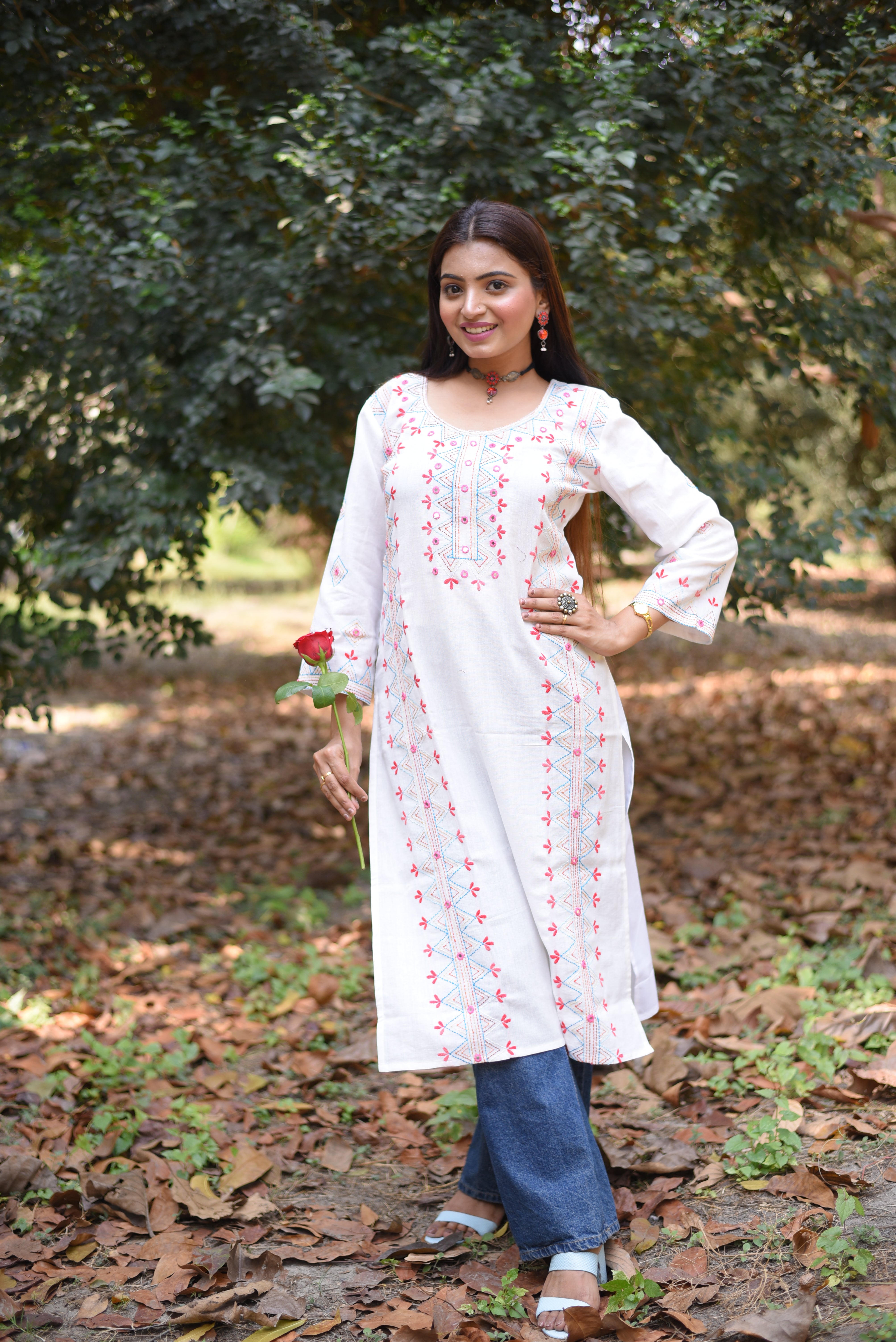 Off White Mirror Work Hand Embroidered Cotton Kurta