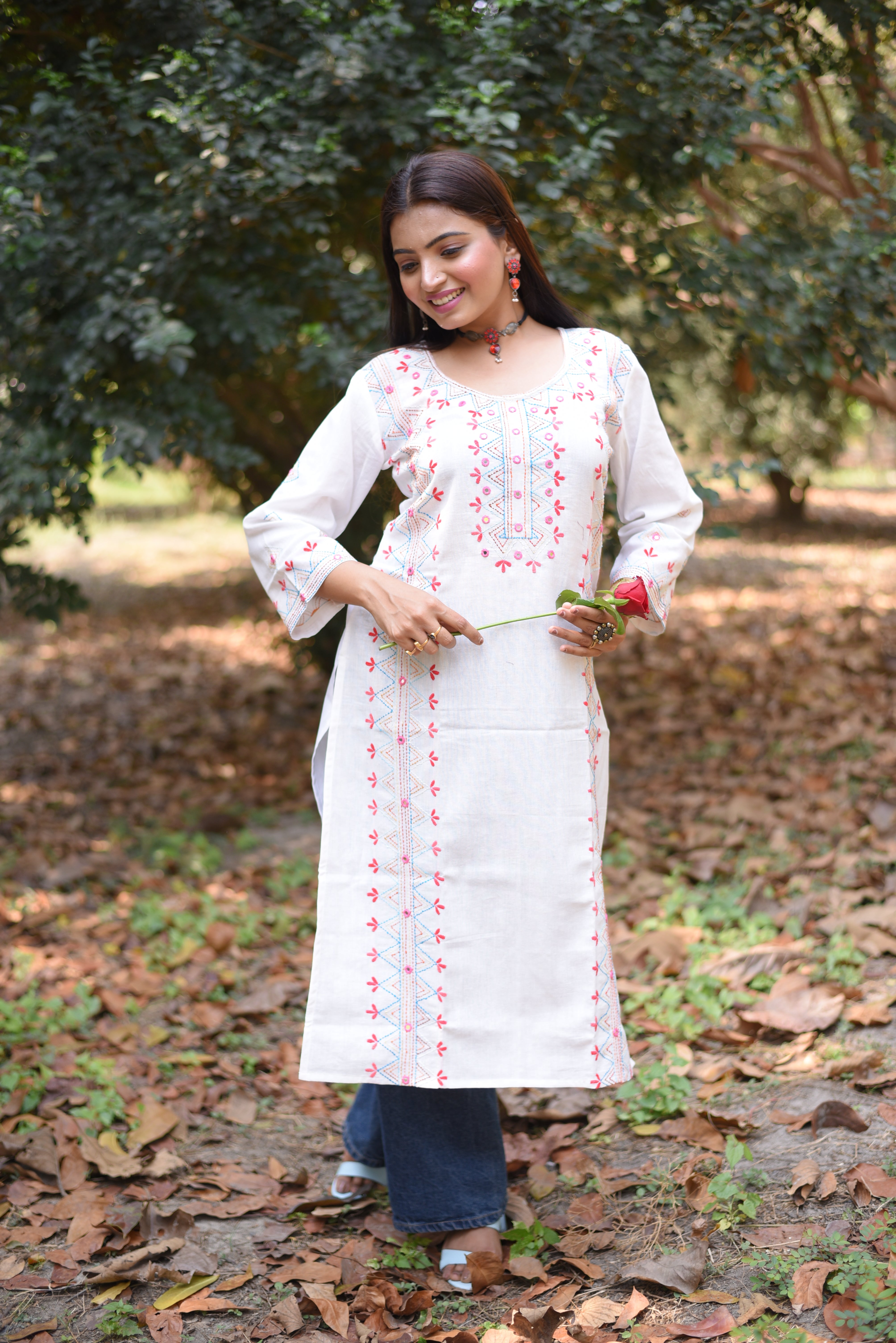 Off White Mirror Work Hand Embroidered Cotton Kurta