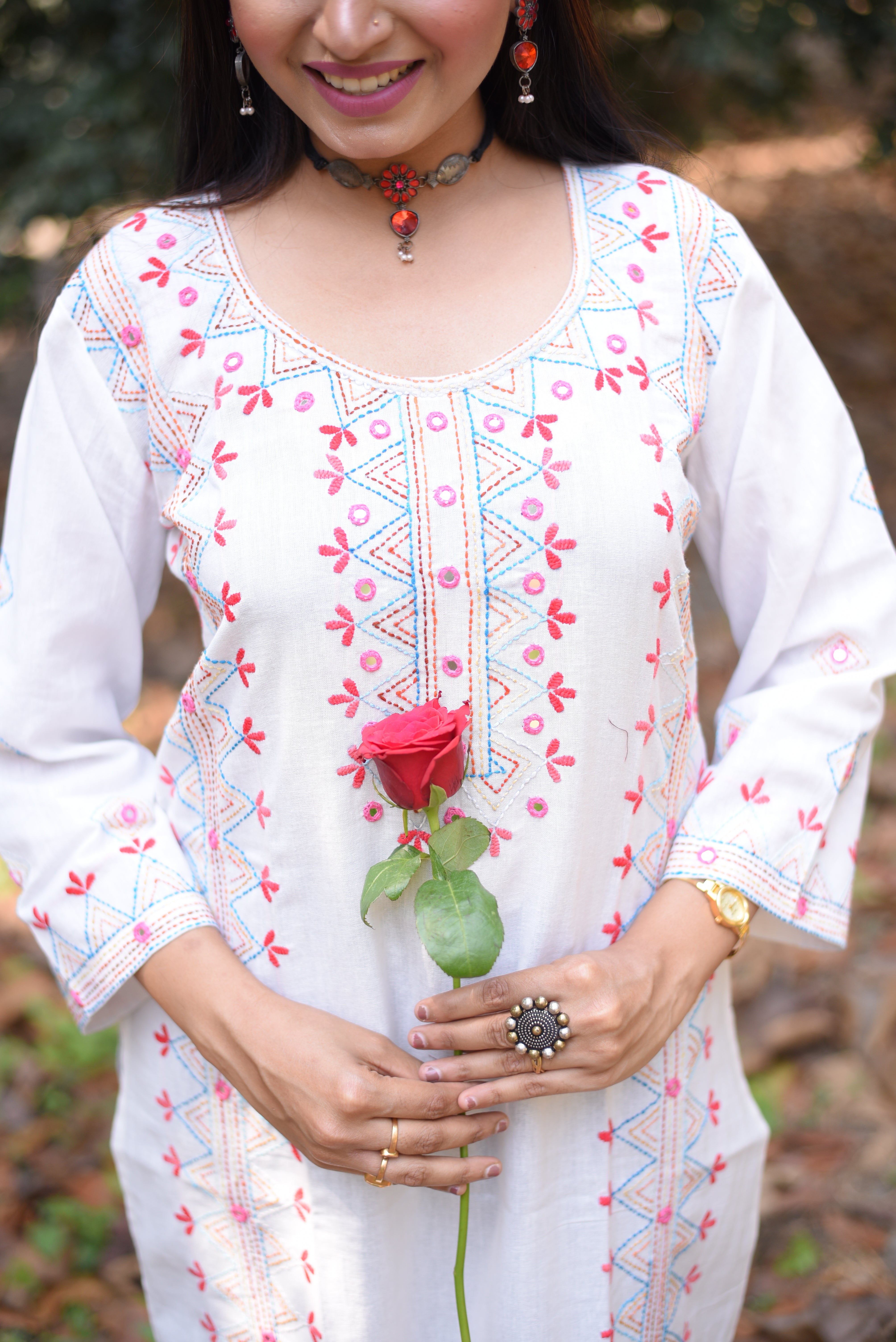 Off White Mirror Work Hand Embroidered Cotton Kurta