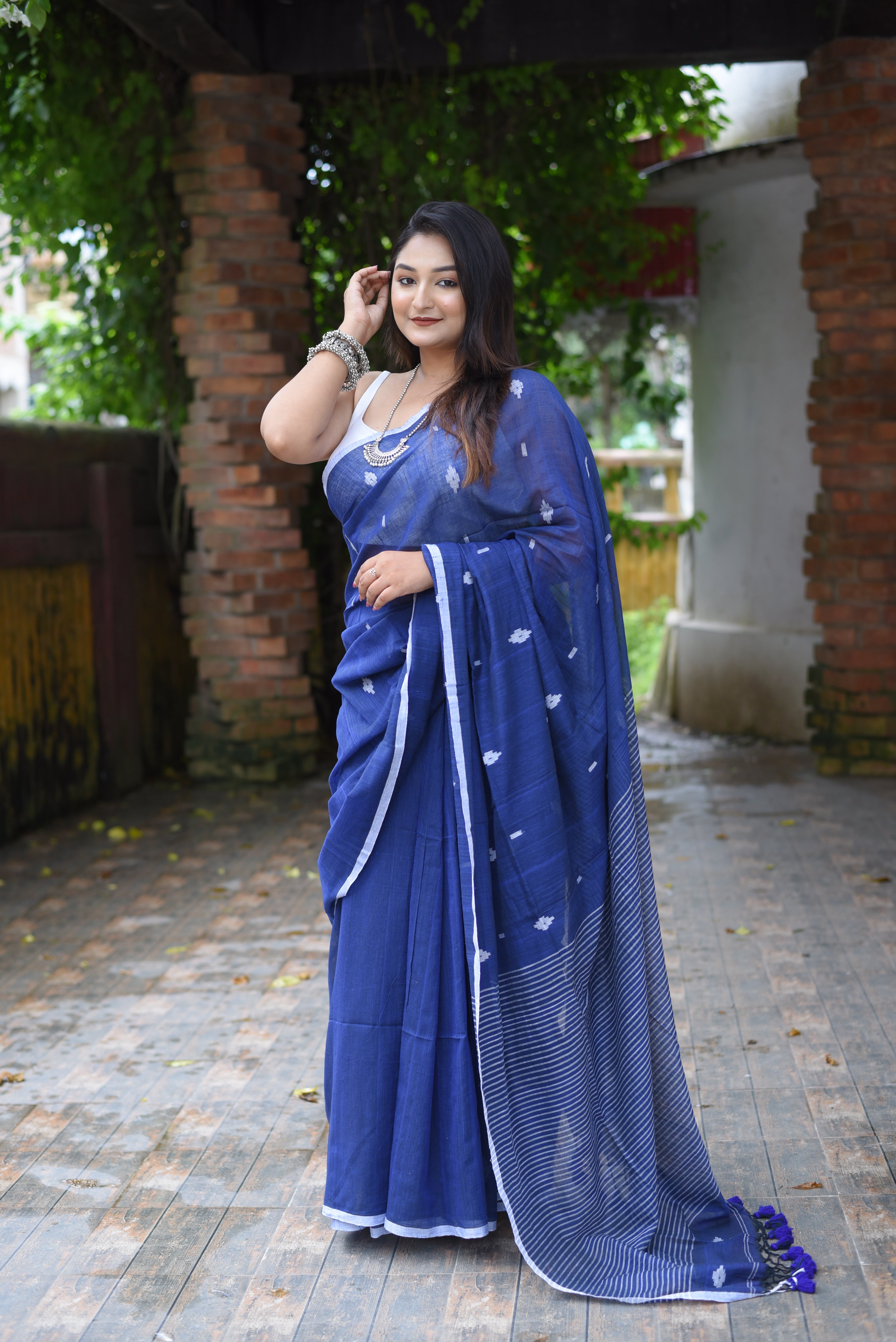 Blue Mulmul Cotton Hand Weaving Jamdani Saree