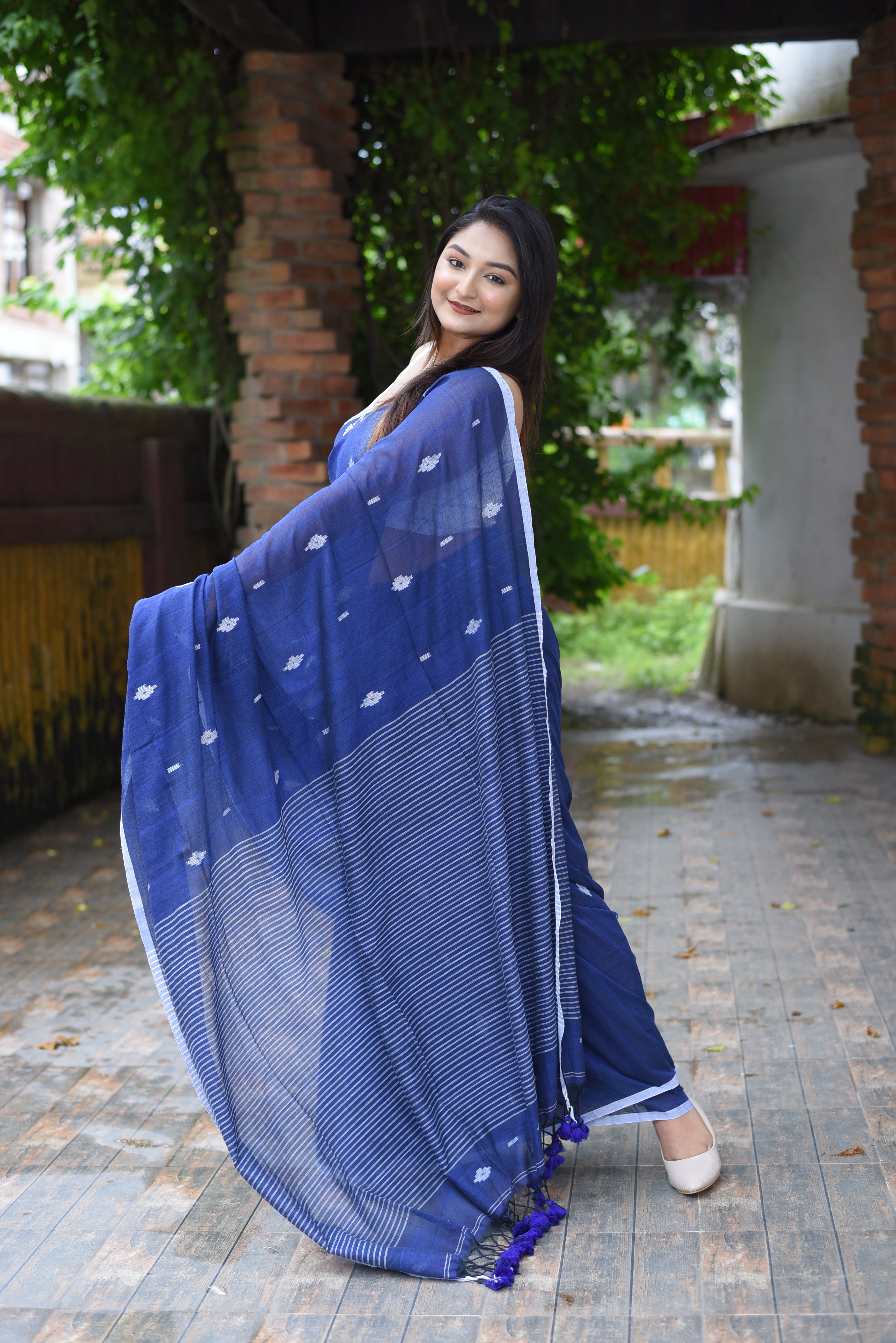 Blue Mulmul Cotton Hand Weaving Jamdani Saree
