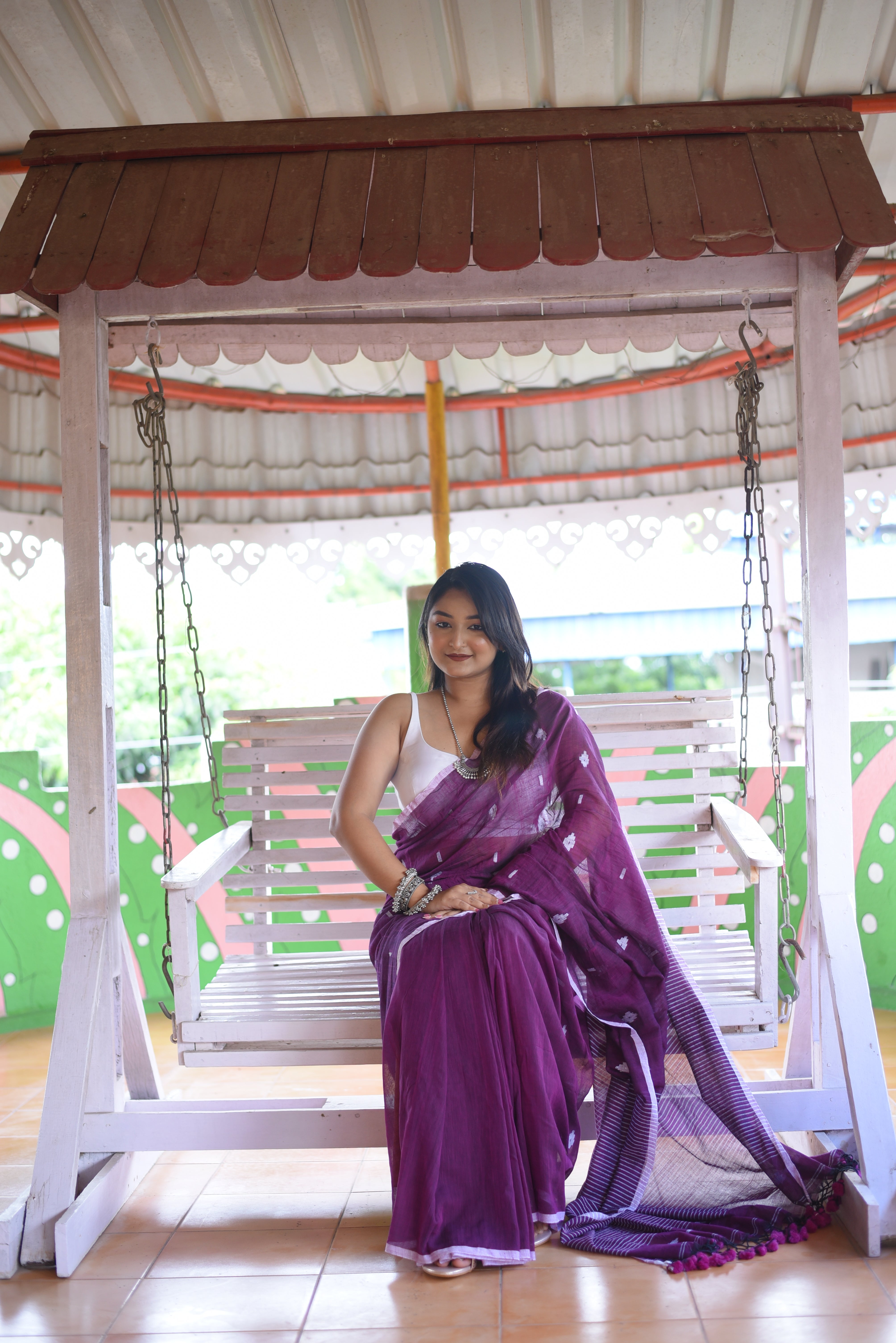 Purple Mulmul Cotton Handloom Jamdani Saree